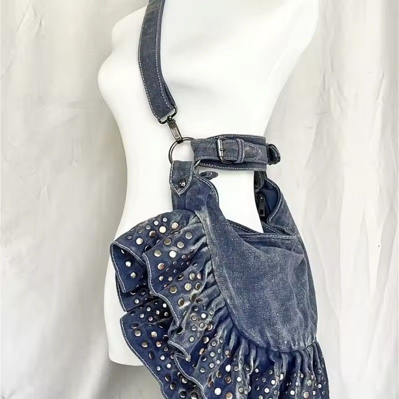 Japanese Brand Rivet Decor Ruched Shoulder Denim Bag Size ONE SIZE - 2 Thumbnail