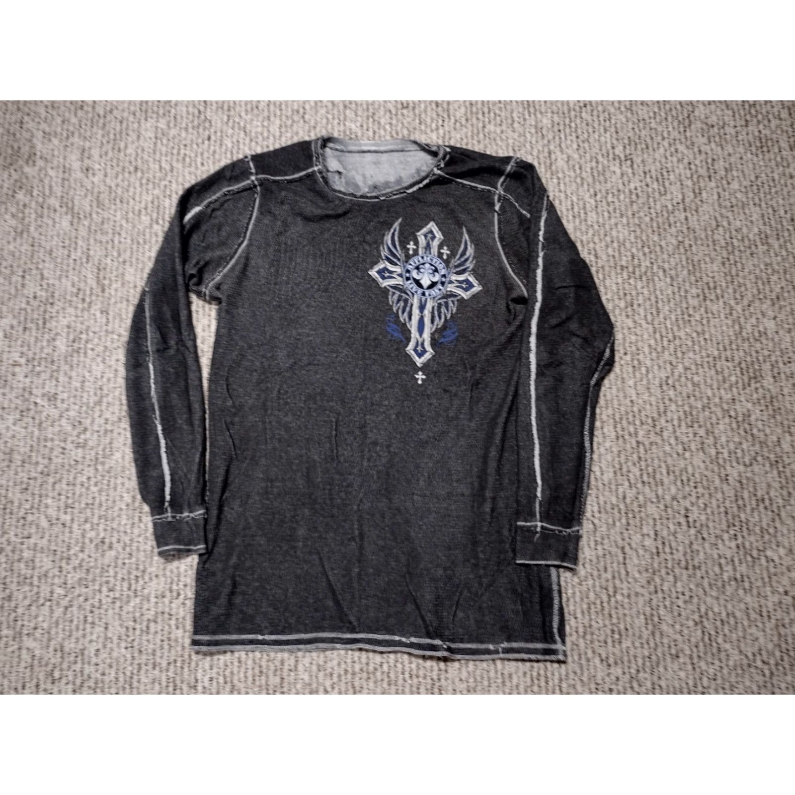 Affliction Affliction T-Shirt Long Sleeve Reversible Gray XL Men Crew Neck 100% Cotton Cross Wings Distressed Size US L / EU 52-54 / 3 - 3 Thumbnail