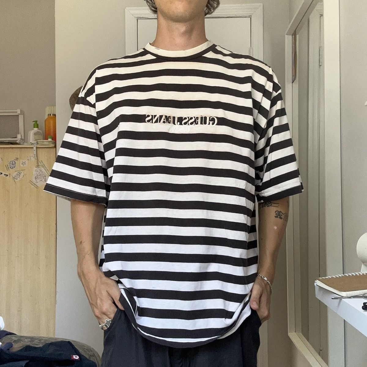 Black and white guess striped shirt clearance