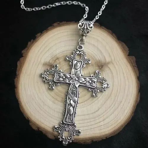 Jewelry Silver Cross Goth Chrome God Pendant Necklace Jesus Chain Size ONE SIZE - 4 Thumbnail