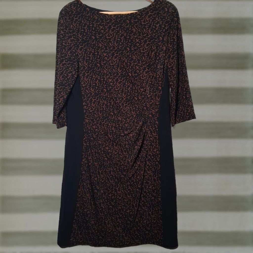 Ralph Lauren VINTAGE Lauren Ralph Lauren Dress BODYCON Petite 16P Brown Black Knee Length 3/4 Sleeve Boat Neck Pullover Lined Womens Size XXL / US 16-18 / IT 52-54 - 1 Thumbnail