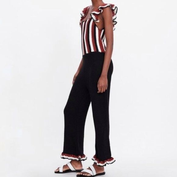 Zara Zara Striped Black Crochet Ruffle Sleeveless Jumpsuit - S Size 28" / US 6 / IT 42 - 6 Thumbnail