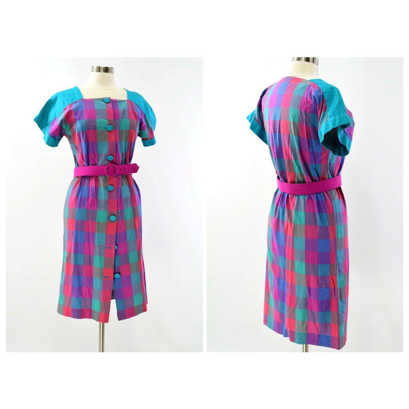 image of Pinko 60S Vintage Bright & Bold Turquoise & Pink Square Neck Belted Shirt Dress Cotton in White, Wo