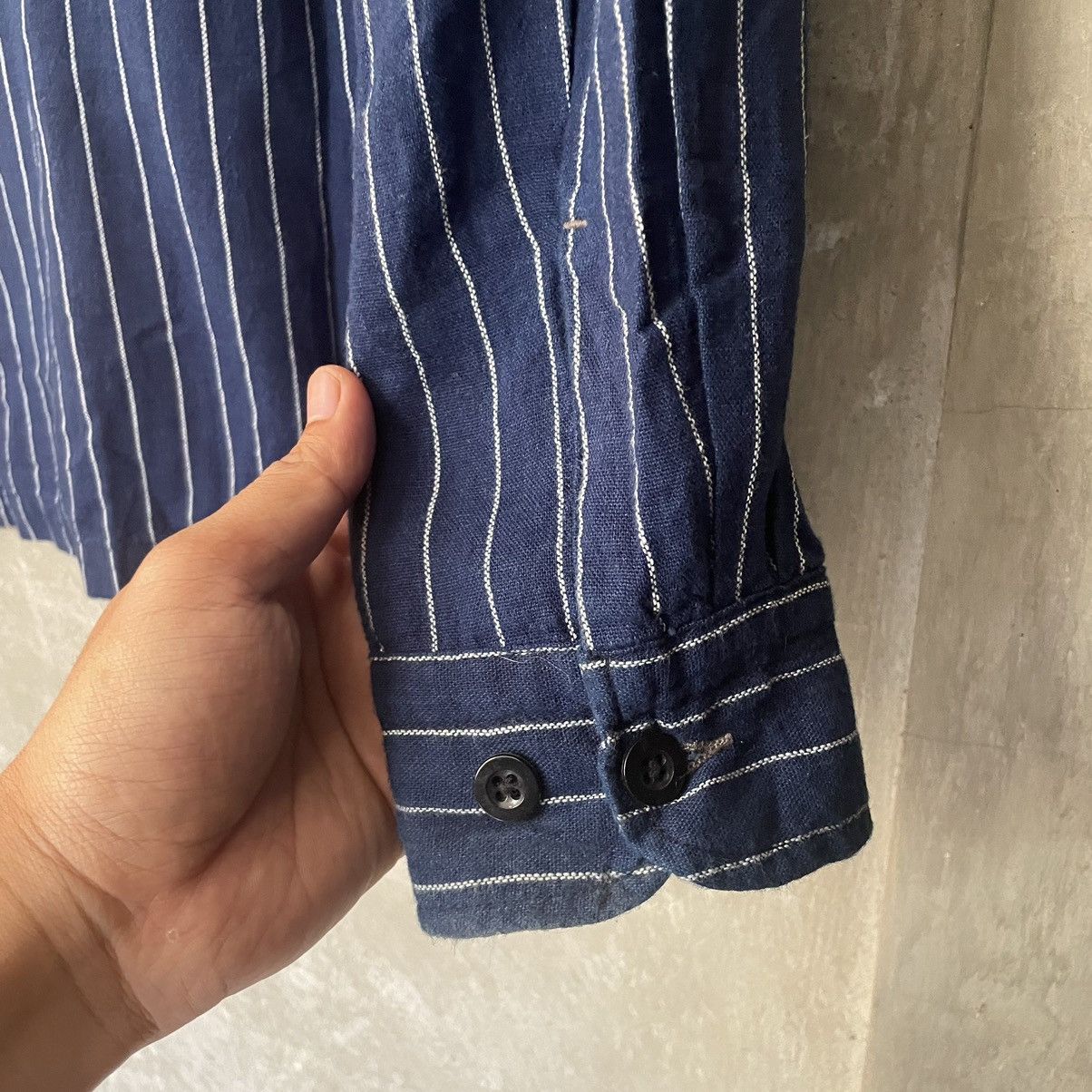 Designer × Japanese Brand × OMNIGOD Work Overshirt Wabash Omnigod Band Collar Striped Indigo Size US L / EU 52-54 / 3 - 10 Thumbnail