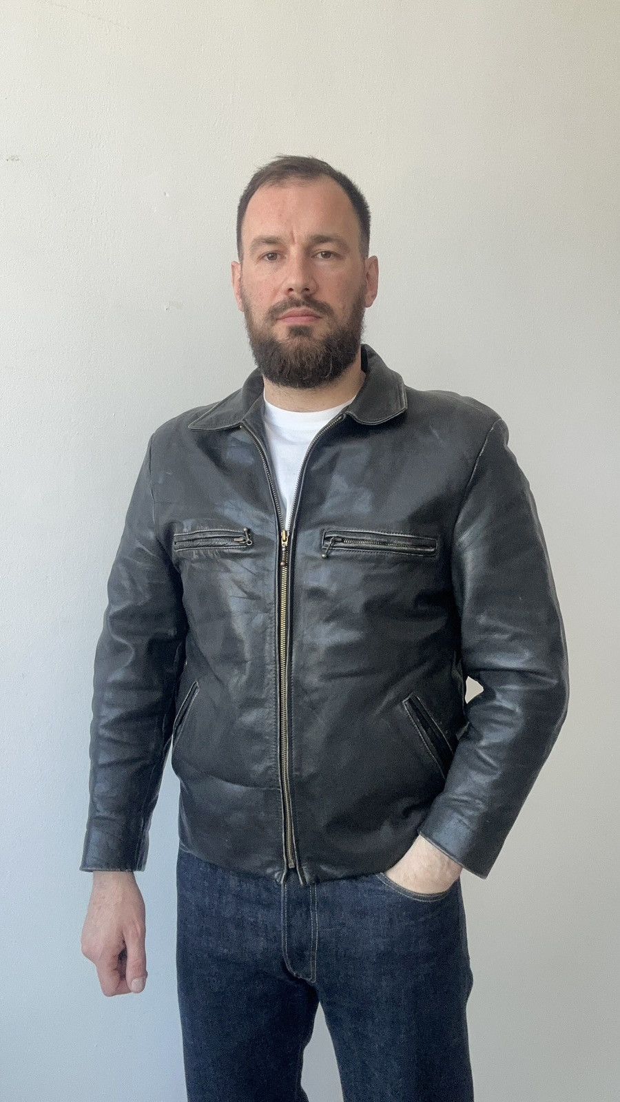 Other Genuine Leather Cafe Racer Jacket Distressed Moto Biker Size US L / EU 52-54 / 3 - 3 Thumbnail