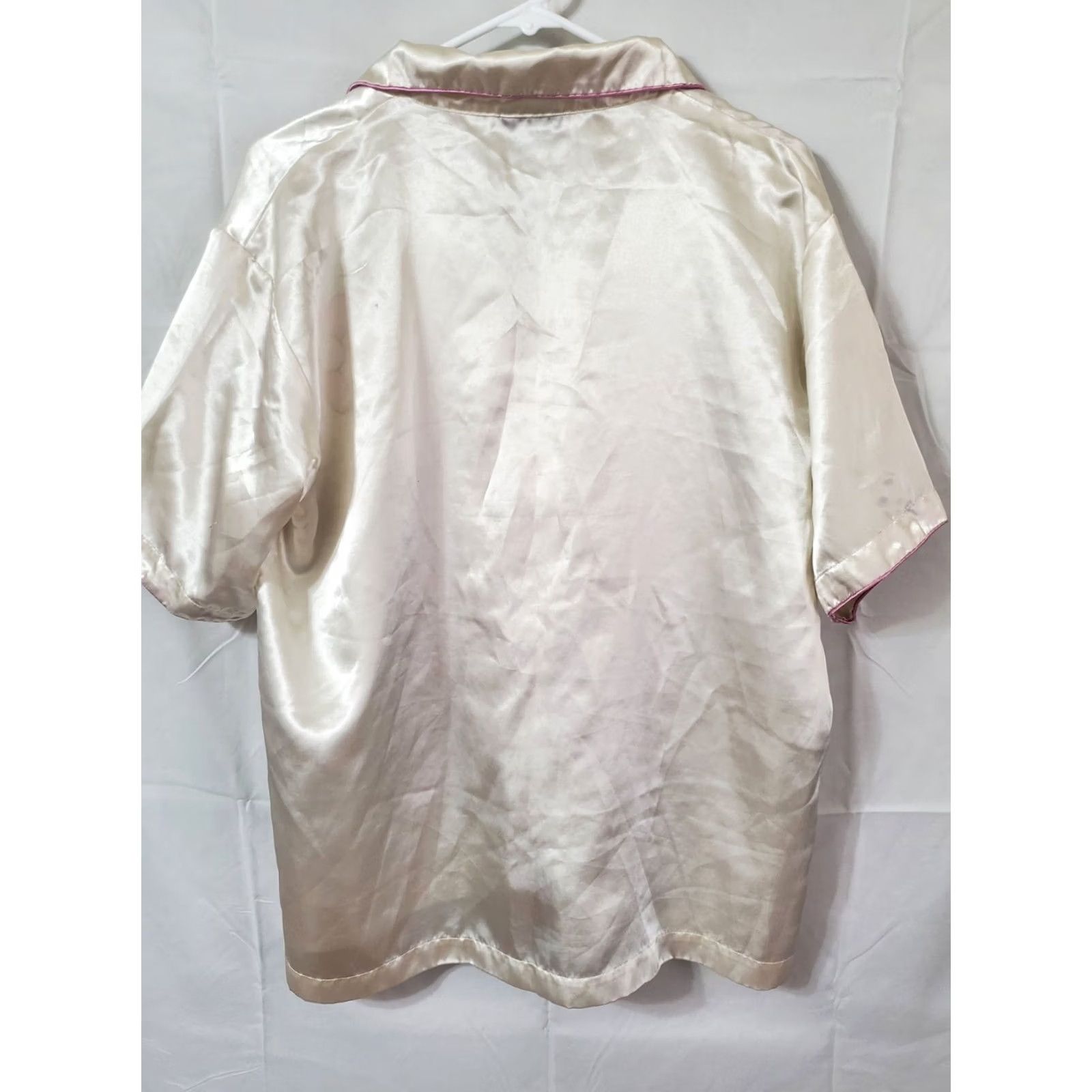 Vintage Lillian Lorow Satin Pajama Set Shirt Short Sleeve Button Up Pink Trim Womens Medium White Floral 90s Classic Lounge Set Size M / US 6-8 / IT 42-44 - 7 Thumbnail