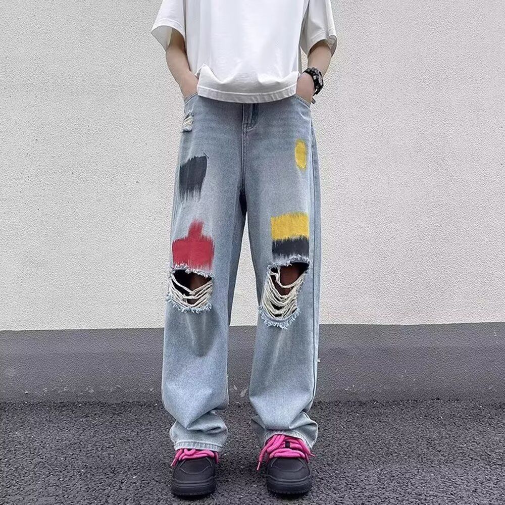 Jean × Streetwear Distressed Baggy Paint Splatter Stracked Denim Jeans ...