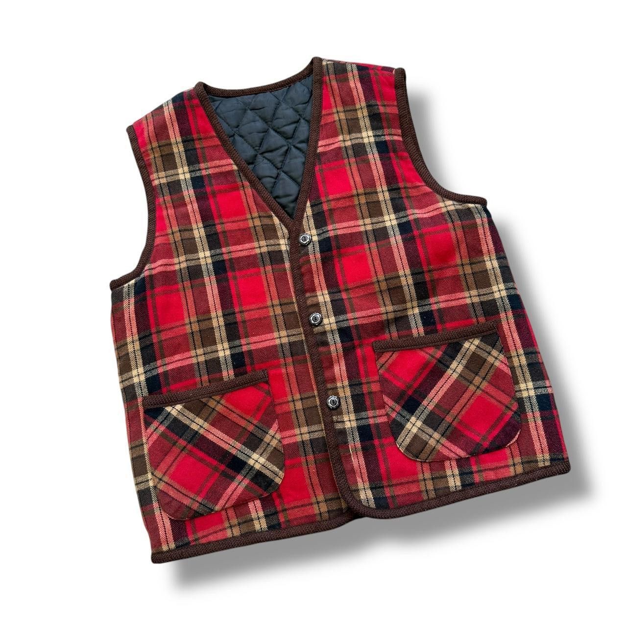 Designer Red Plaid Quilt Vest Size L / US 10 / IT 46 - 1 Thumbnail