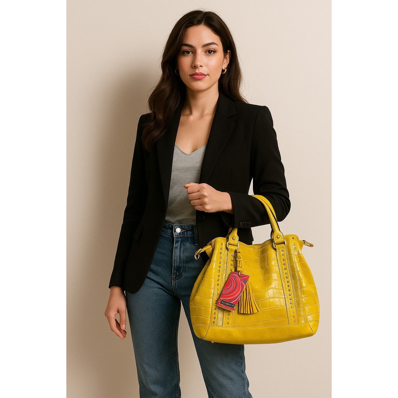 Other Louis Cardy Yellow Croc Embossed Tote Bag with Tassel Accent Size ONE SIZE - 1 Thumbnail