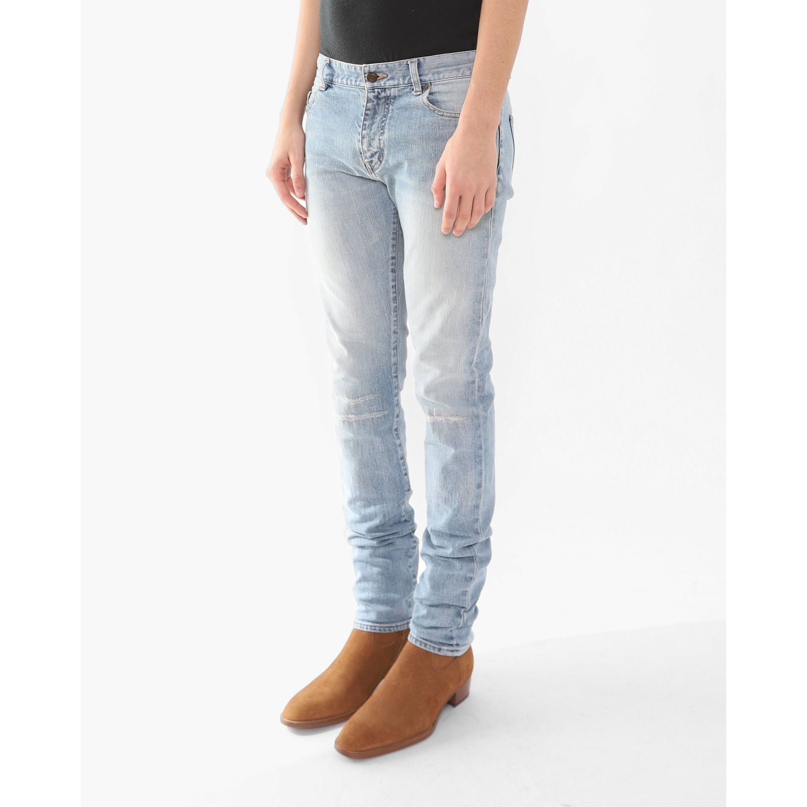 Saint Laurent Paris FW16 Patched Knee Skinny Jeans in Light Washed Denim Size US 31 - 3 Thumbnail