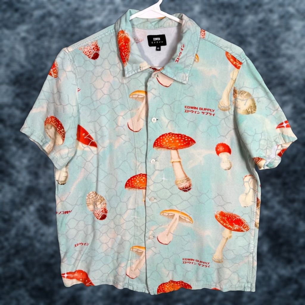 Edwin Edwin Button-Up Shirt Mushroom Print Mens XS Blue Viscose Cotton Casual 90s Inspired Size US XS / EU 42 / 0 - 1 Thumbnail
