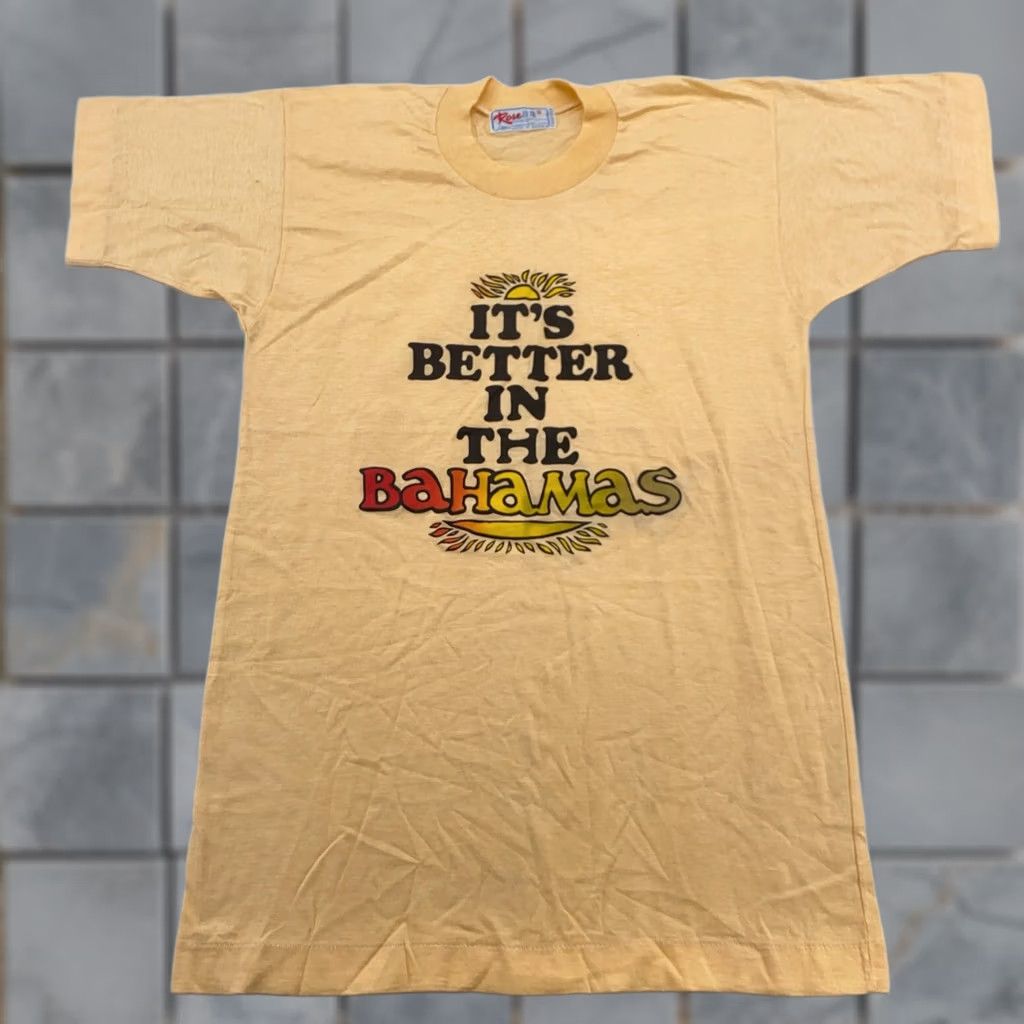 Vintage vintage 80s IT’S BETTER IN THE BAHAMAS T-Shirt 2XS beach sunset rainbow surf shirt Mens XS Pink 80s 90s Size US XS / EU 42 / 0 - 1 Thumbnail