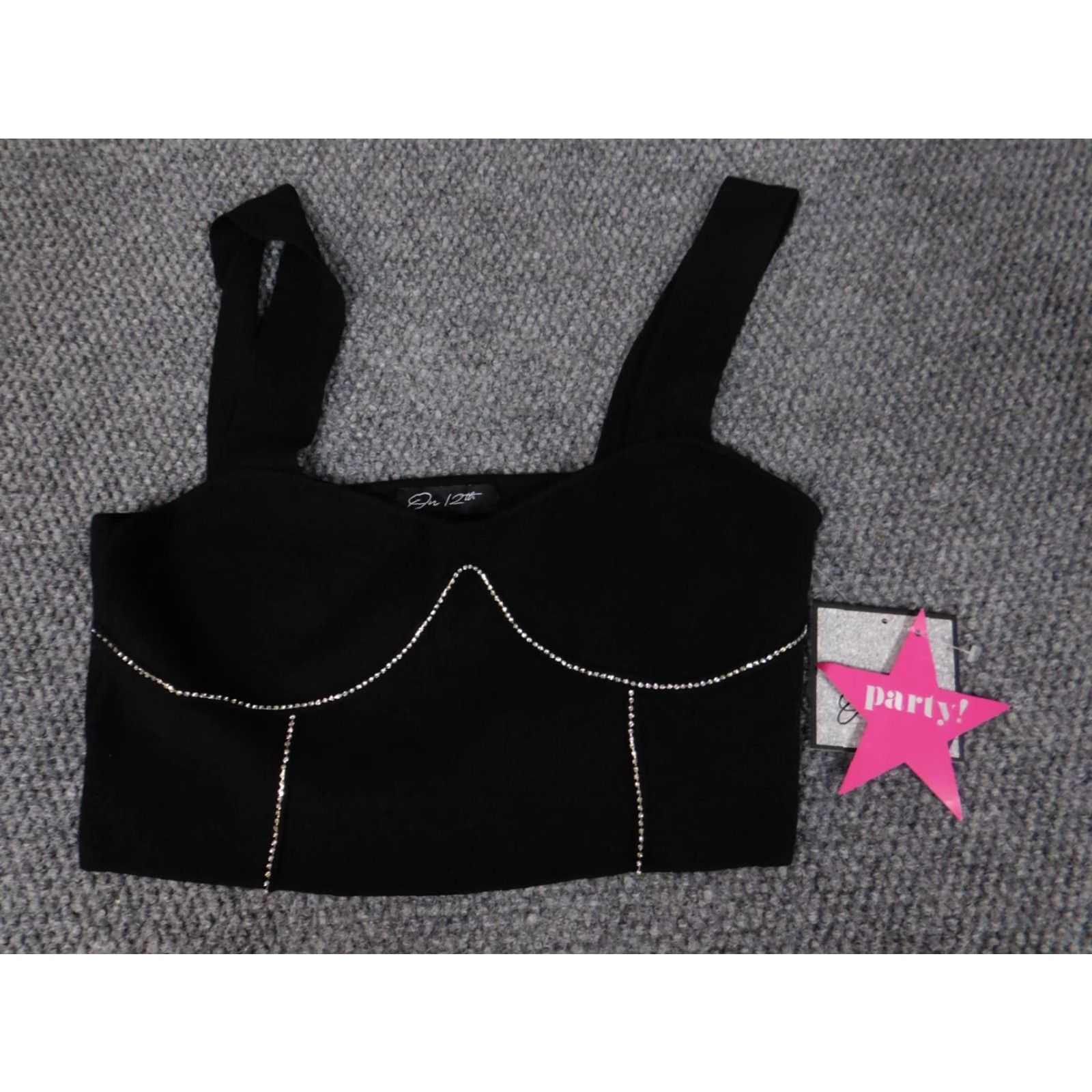 Vintage ON 12th Blouse Shirt Womens Cropped Regular Size M Black Dolman Sleeveless Round Neck Pullover Denim Polyester Button Geometric Casual 90s Theme Open Size M / US 6-8 / IT 42-44 - 3 Thumbnail