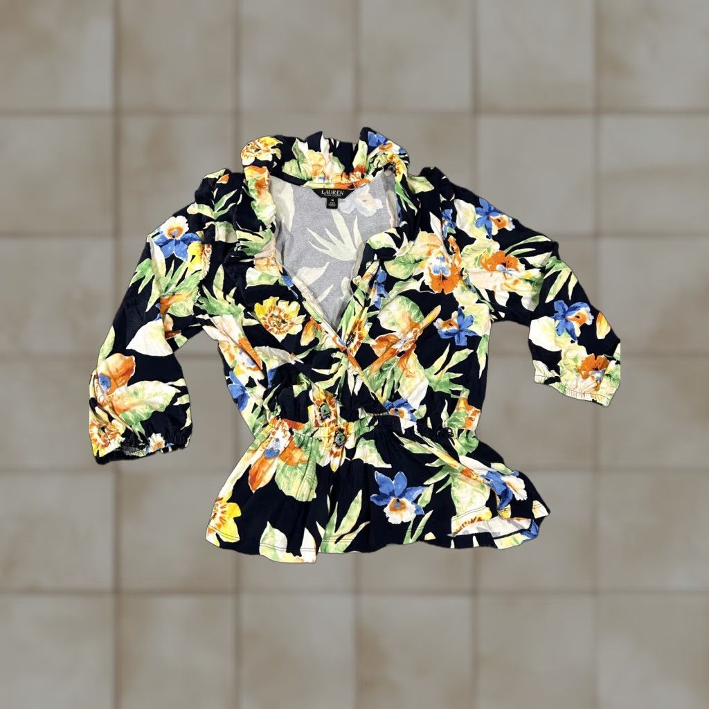 Ralph Lauren Lauren Ralph Lauren Shirt Womens Medium Navy Floral Wrap Peplum Top Blouse Size M / US 6-8 / IT 42-44 - 1 Thumbnail