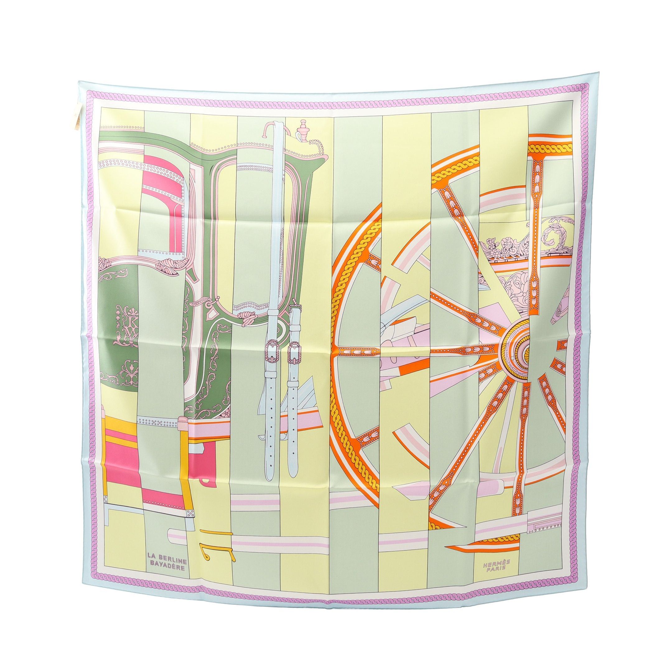 Hermes Hermes Carres 90 La Berline Bayadere Scarf Silk Light Green Multicolor Size ONE SIZE - 1 Thumbnail