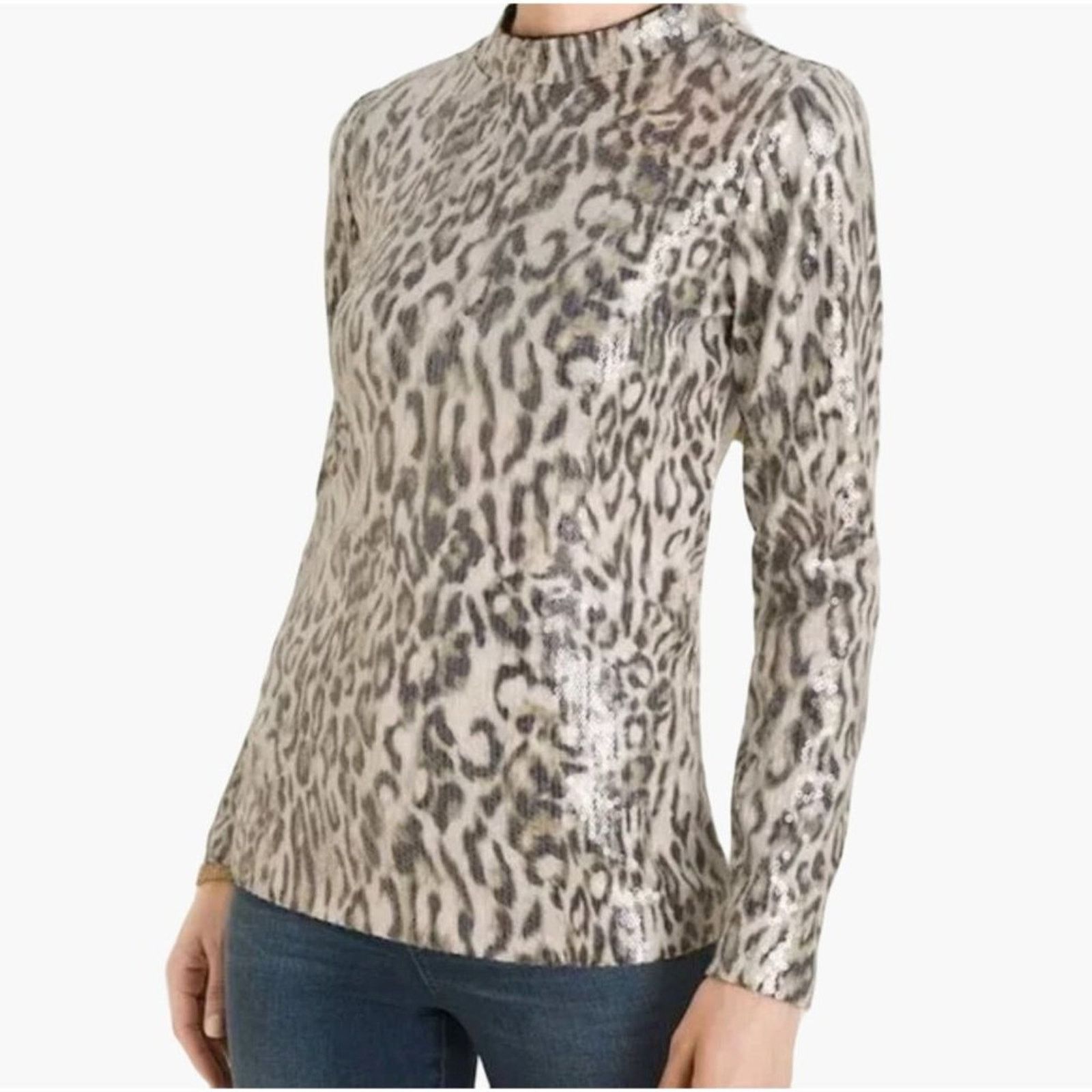 Chicos Chicos Cheetah Print Sequin Mock Long Sleeve Sparkle Top S Size S / US 4 / IT 40 - 1 Thumbnail