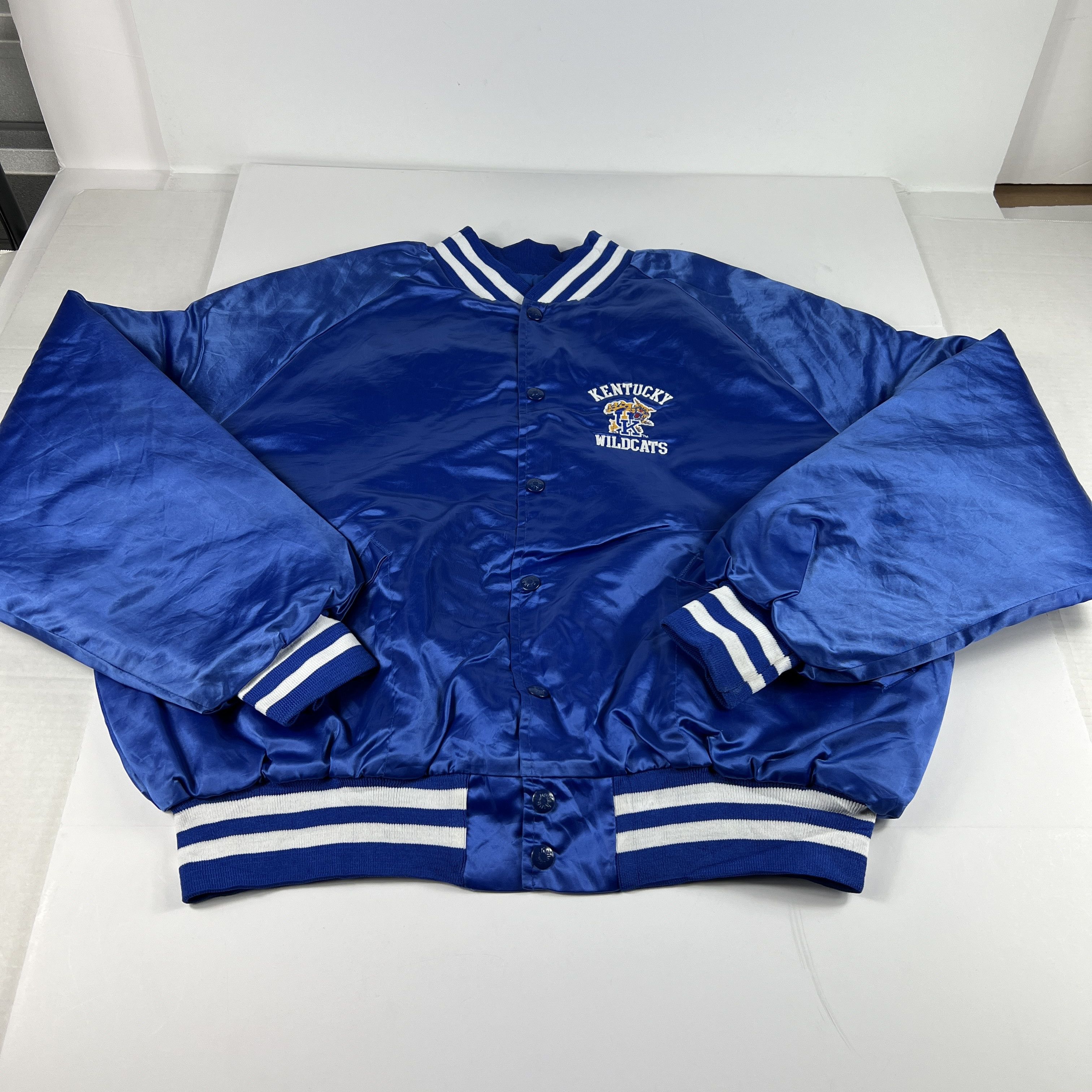 Image of NCAA x Vintage VTG 70's Kentucky Wildcat Satin Jacket Spell Out Snap Button in Blue, Men's (Size XL