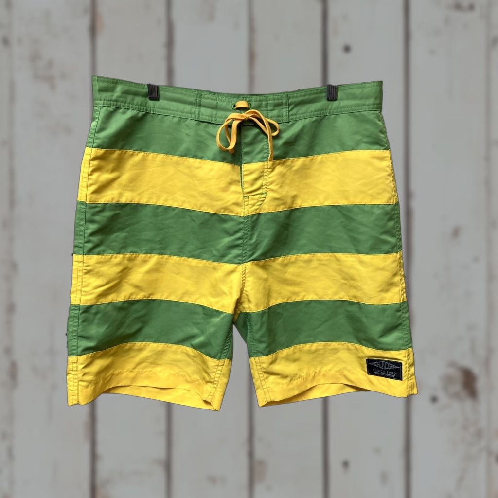 The Hundreds The Hundreds Board Shorts Surf Striped Green Yellow 37 Multicolor Men Regular Polyester Back Pocket Drawstring Surfing 90s? Size US 37 - 1 Thumbnail