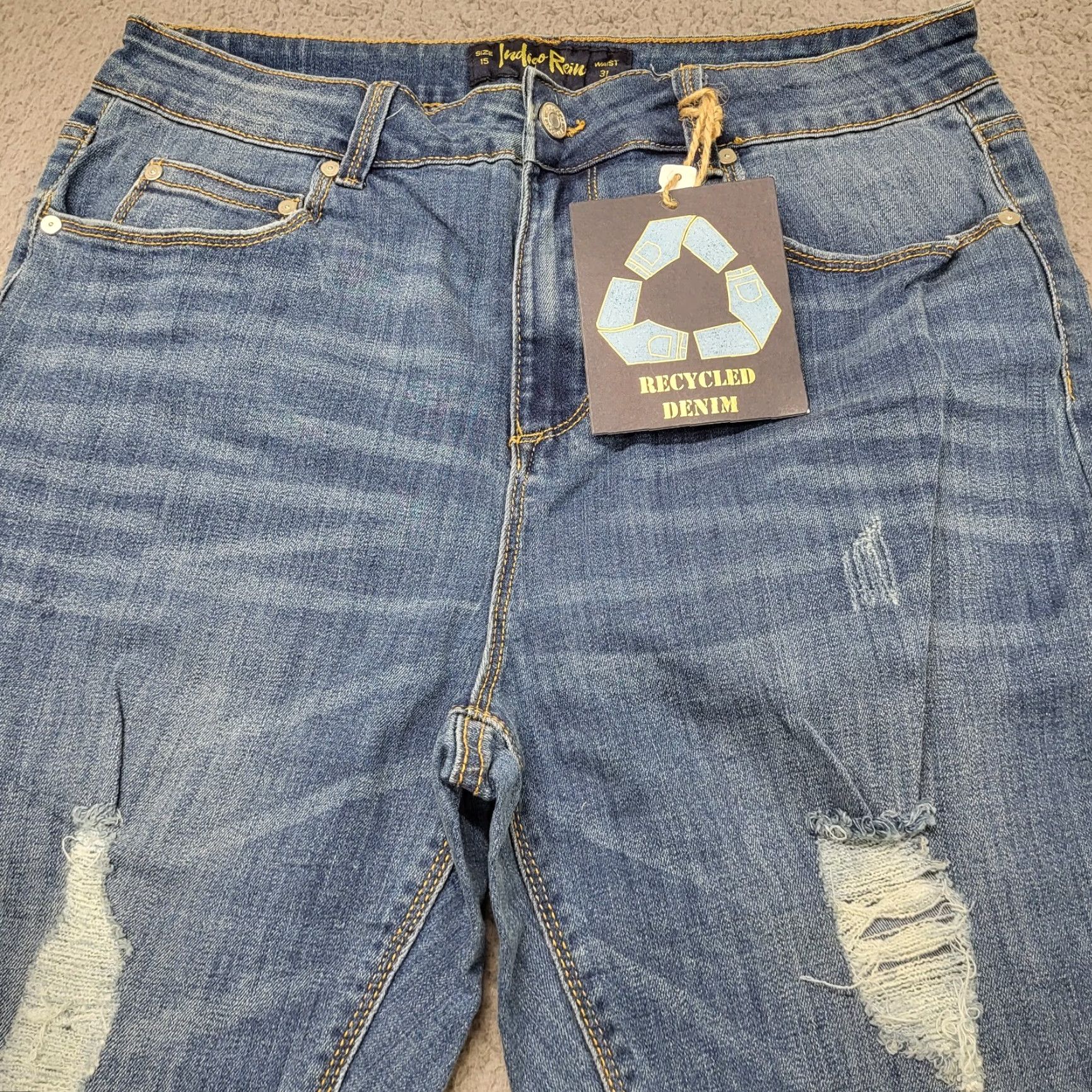 Vintage Indigo Rein Jeans Womens 15/31 Med Blue Wash Distressed High Rise Crop Jeans Size 36" / US 14 / IT 50 - 3 Thumbnail