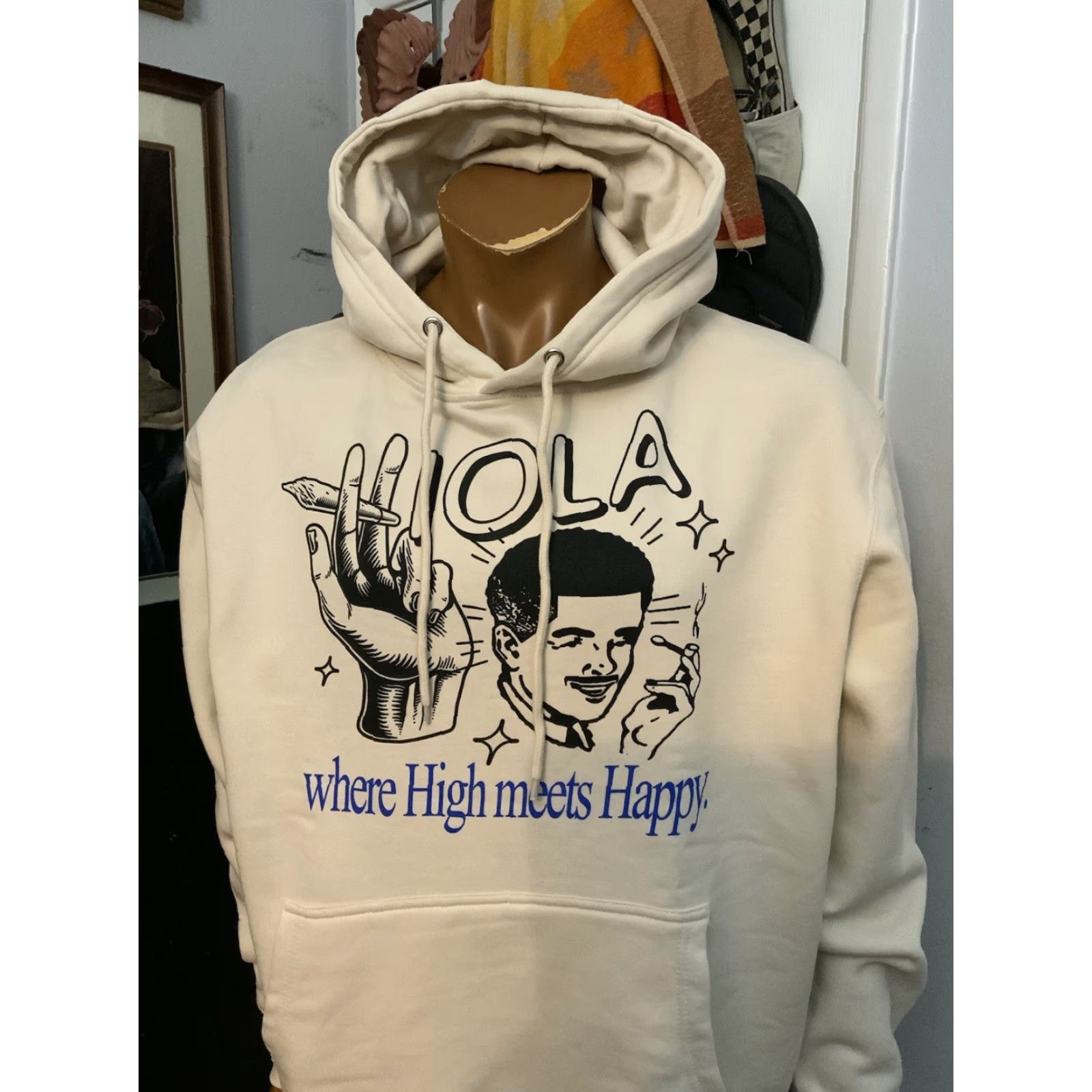 Vintage NWOT Viola Where High Meets Happy Cannabis Smoking Joint Pullover Hoodie Mens XL Beige Size US XL / EU 56 / 4 - 8 Thumbnail