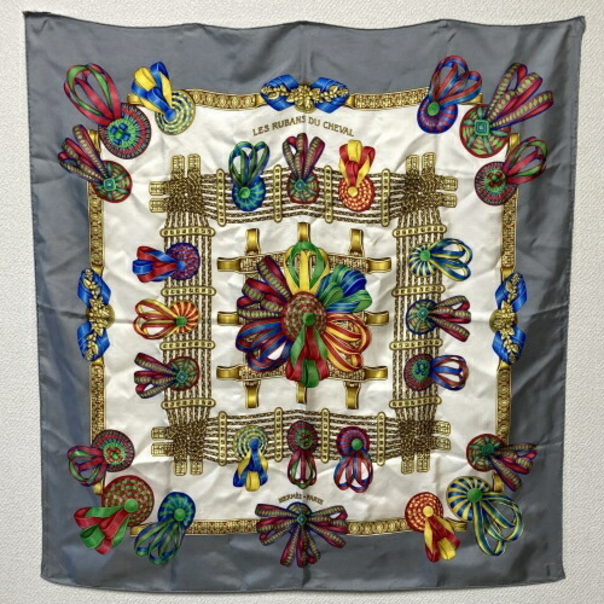 image of Hermes Carre90 Les Rubans Du Cheval Horse Ribbon Scarf Gray Silk Ladies Fashion Accessory in Grey, 