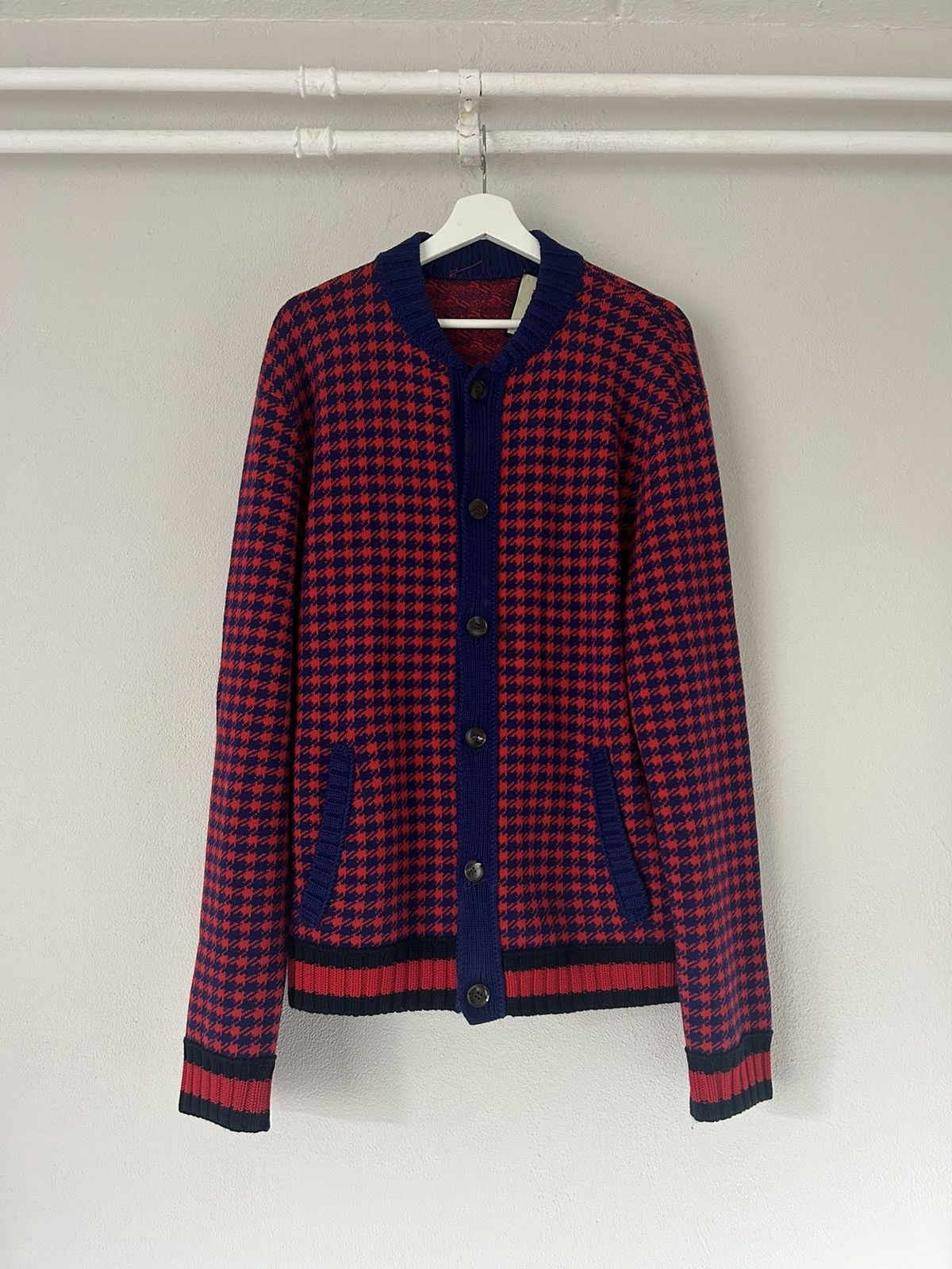 image of Gucci Wool/cashmere Blend Houndstooth Web Cardigan in Blue/Red, Men's (Size XL)