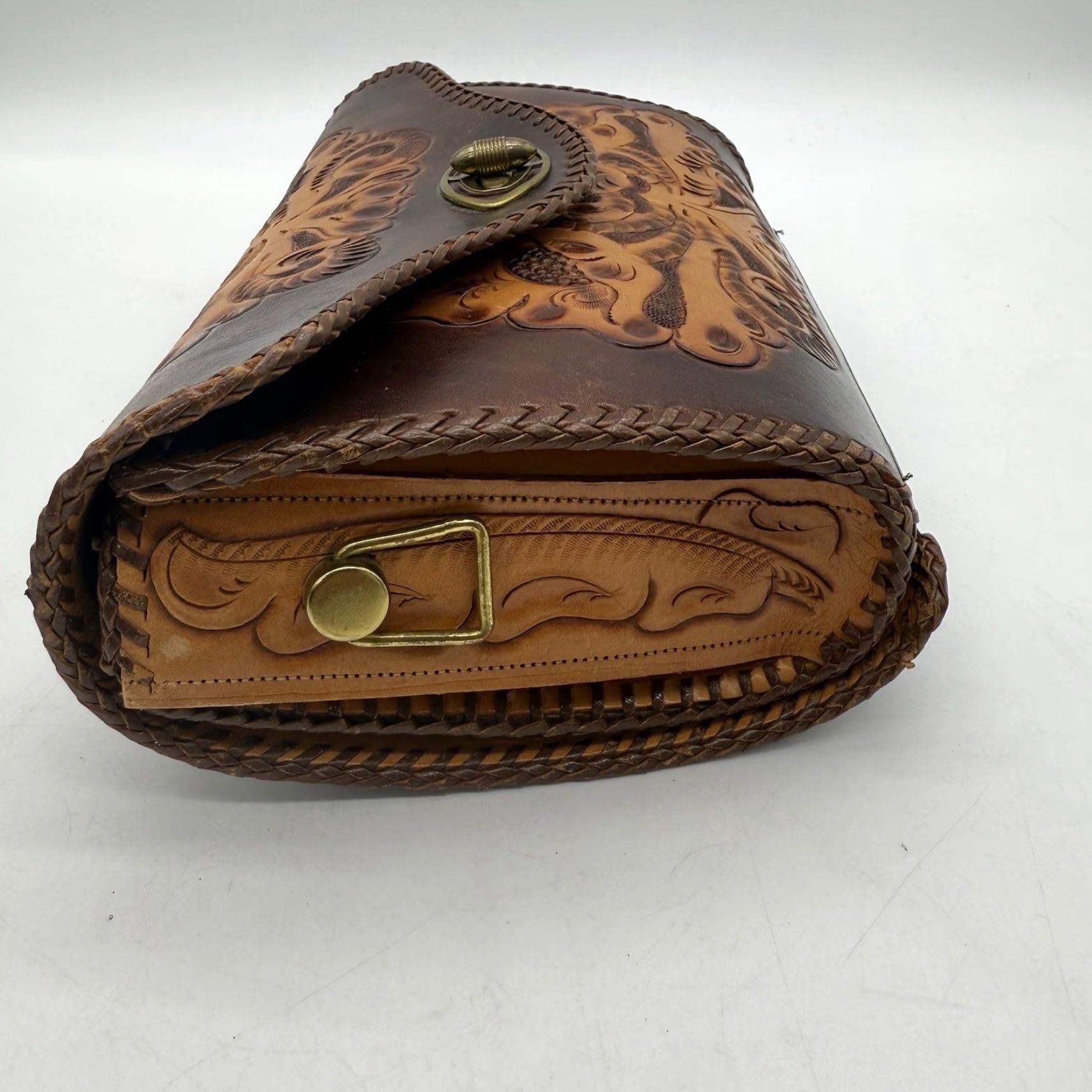 Vintage VINTAGE Clifton's Hand Tooled Leather Purse Handbag Western Floral Medium Brown Clifton Leather Shoulder Bag Women 80s 90s Western Mens Womens Size ONE SIZE - 7 Thumbnail