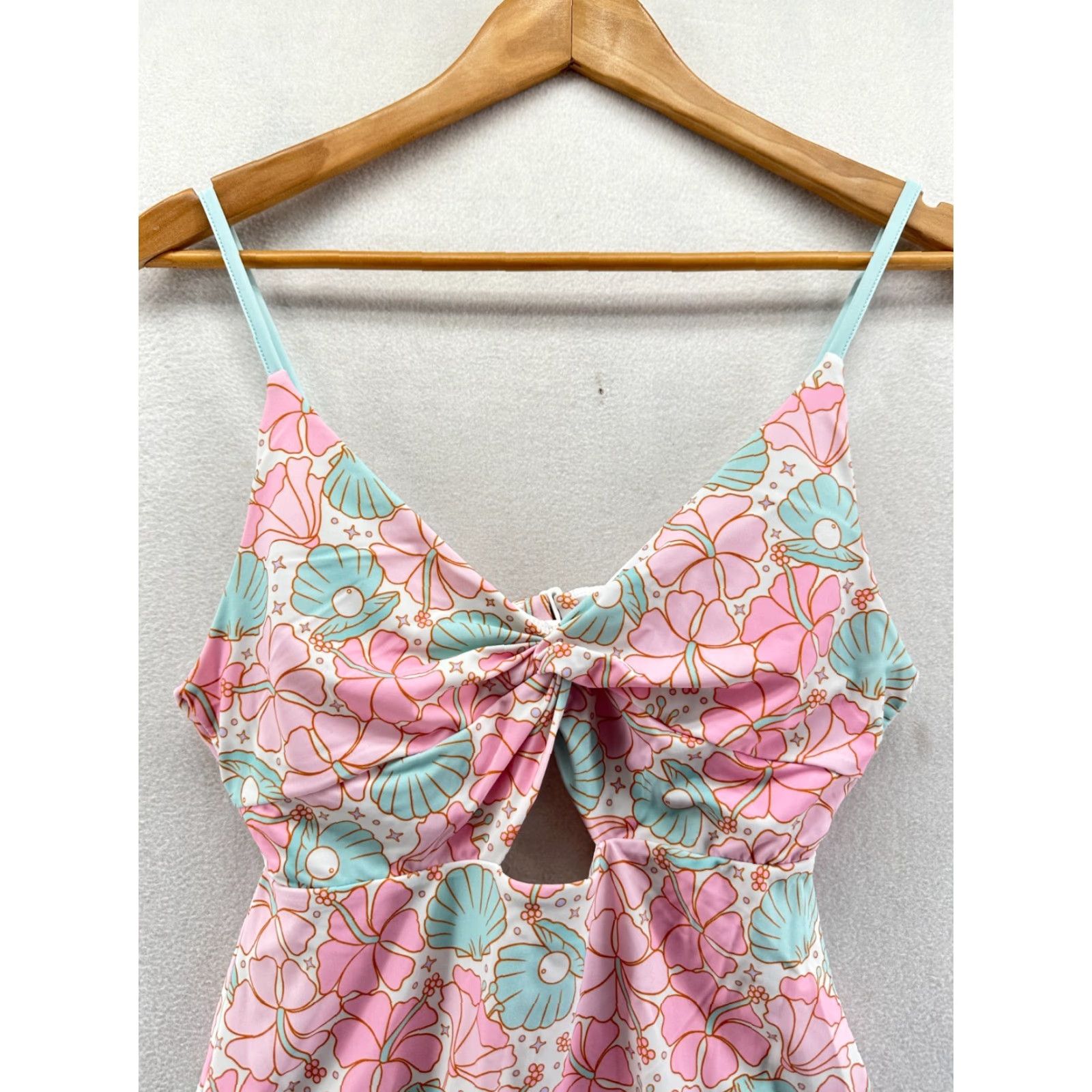 Vintage Caden Lane One-Piece Swimsuit Pink Blue Women's L Floral Spaghetti Straps Padded Stretch Beach Mermaid Size ONE SIZE - 3 Thumbnail