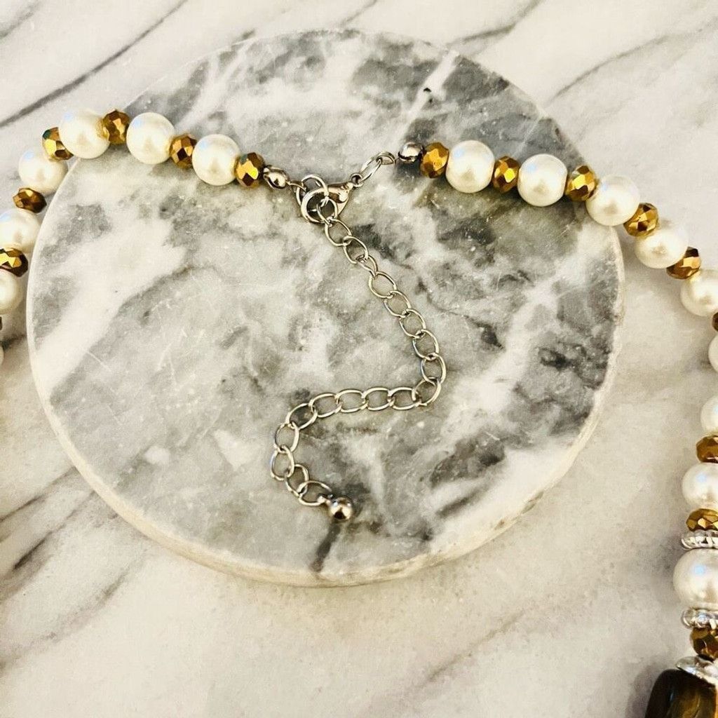 Jewelry Tigers Eye Stone and Simulated Pearl Necklace Beaded Size ONE SIZE - 4 Thumbnail