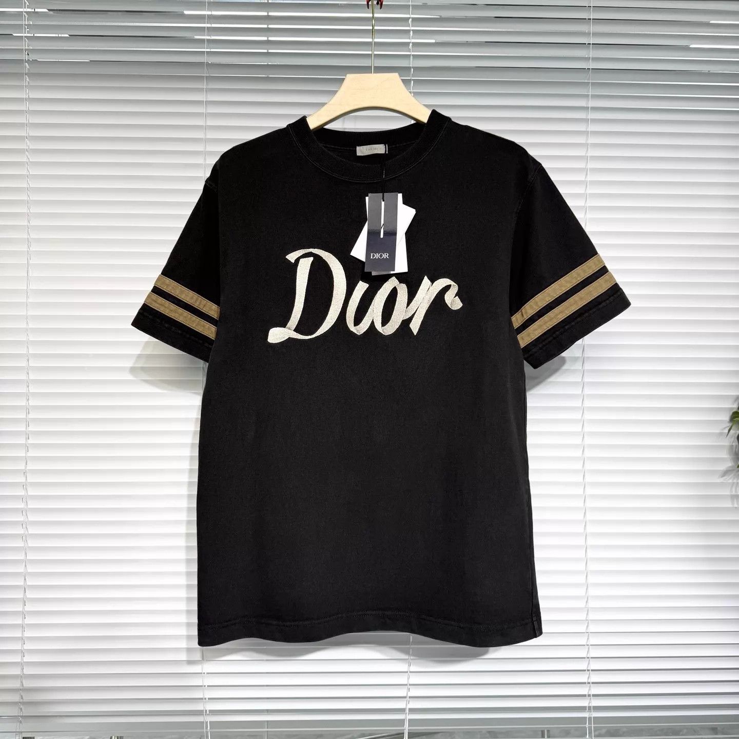Dior DIOR Deep Brown Striped T-Shirt Ribbon Embroidery Ribbed Neck S Size S / US 4 / IT 40 - 1 Thumbnail
