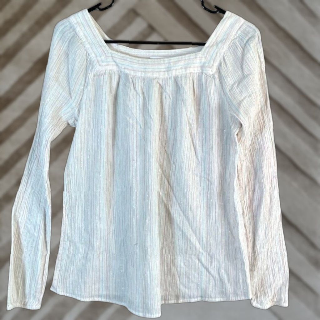 Lauren Conrad LC Lauren Conrad Blouse White Multicolor Stripe Square Neck Long Sleeve S Women Dress Shirt Size S / US 4 / IT 40 - 1 Thumbnail