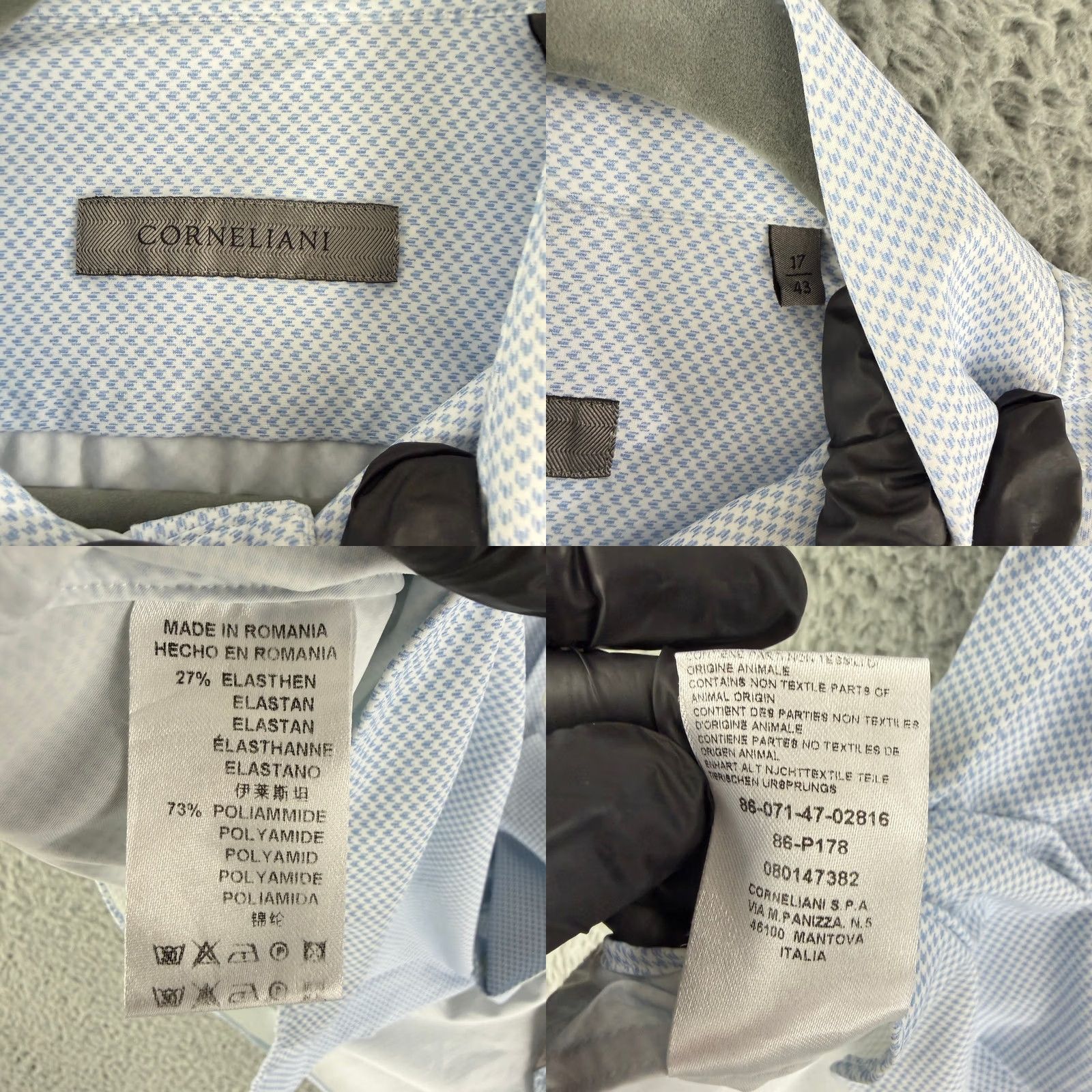 Corneliani Corneliani Button-Up Shirt Mens XL Blue White Micro Pattern Stretch 86-P178 Geometric Classic City Designer Business Casual Travel Party/Cocktail Size US XL / EU 56 / 4 - 8 Thumbnail