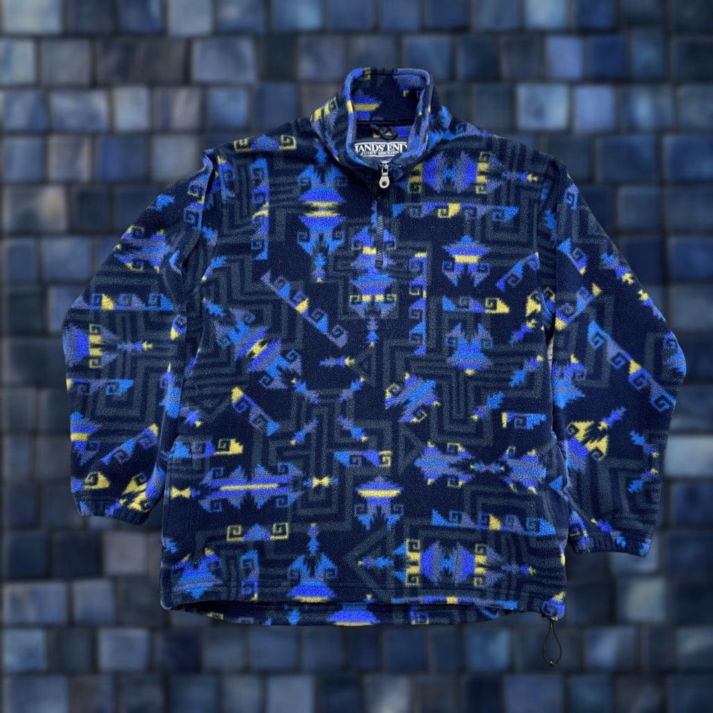 Lands' End VINTAGE Lands' End Jacket Women's Small USA Made Polartec Aztec Fleece 1/4 Zip Blue Womens Size S / US 4 / IT 40 - 1 Thumbnail