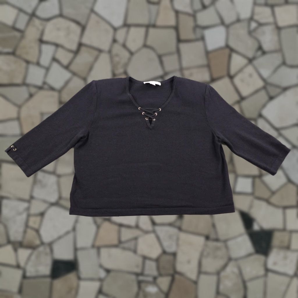 St. John VINTAGE St. John Collection Sweater Women 14 Black Lace-Up V-Neck 3/4 Sleeve Knit Wool Blend USA Ladies M/L Size XL / US 12-14 / IT 48-50 - 1 Thumbnail
