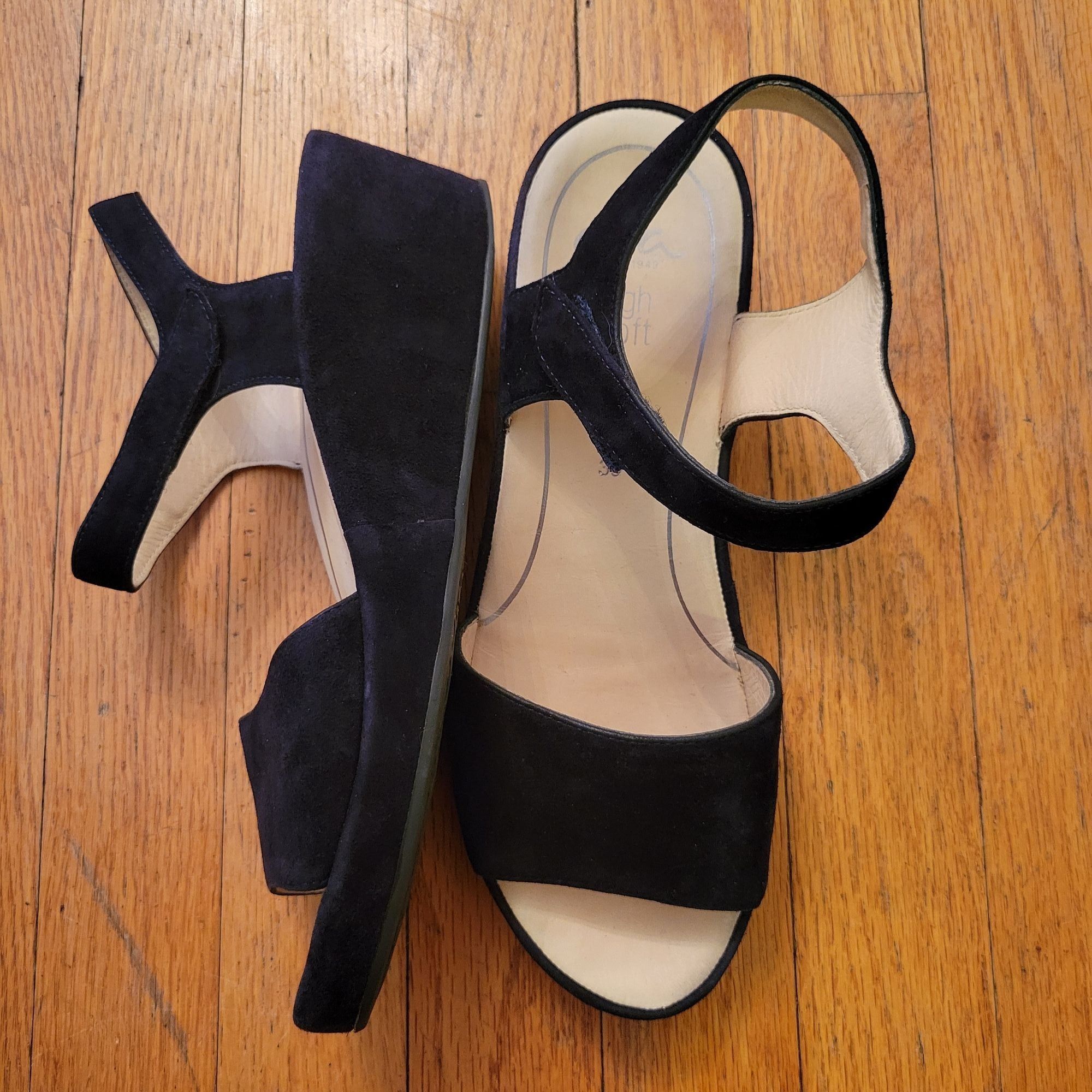 ARA Germany 39 Black Suede Leather Sandals Wedge Platform Op