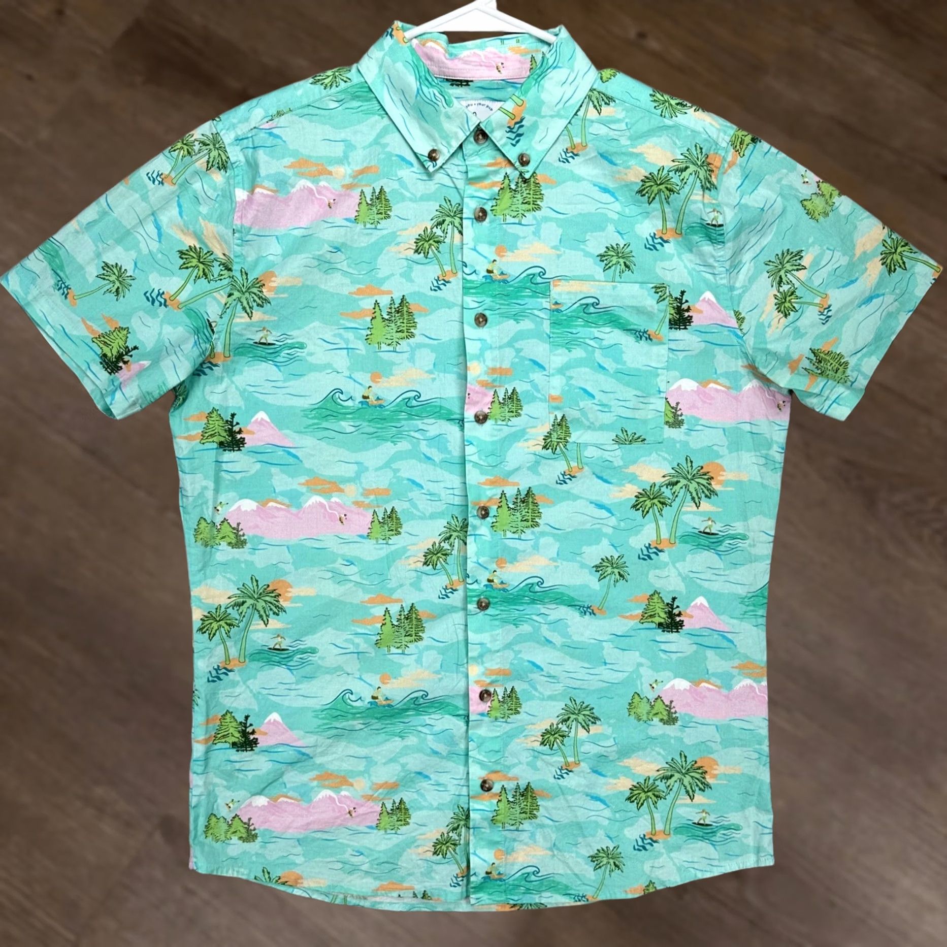 Vintage Dog Threads Button Down Shirt Mens Medium Blue Green Island Short Sleeve Stretch 90s Preppy Geometric Pattern Button-Up Shirt Size US M / EU 48-50 / 2 - 1 Thumbnail