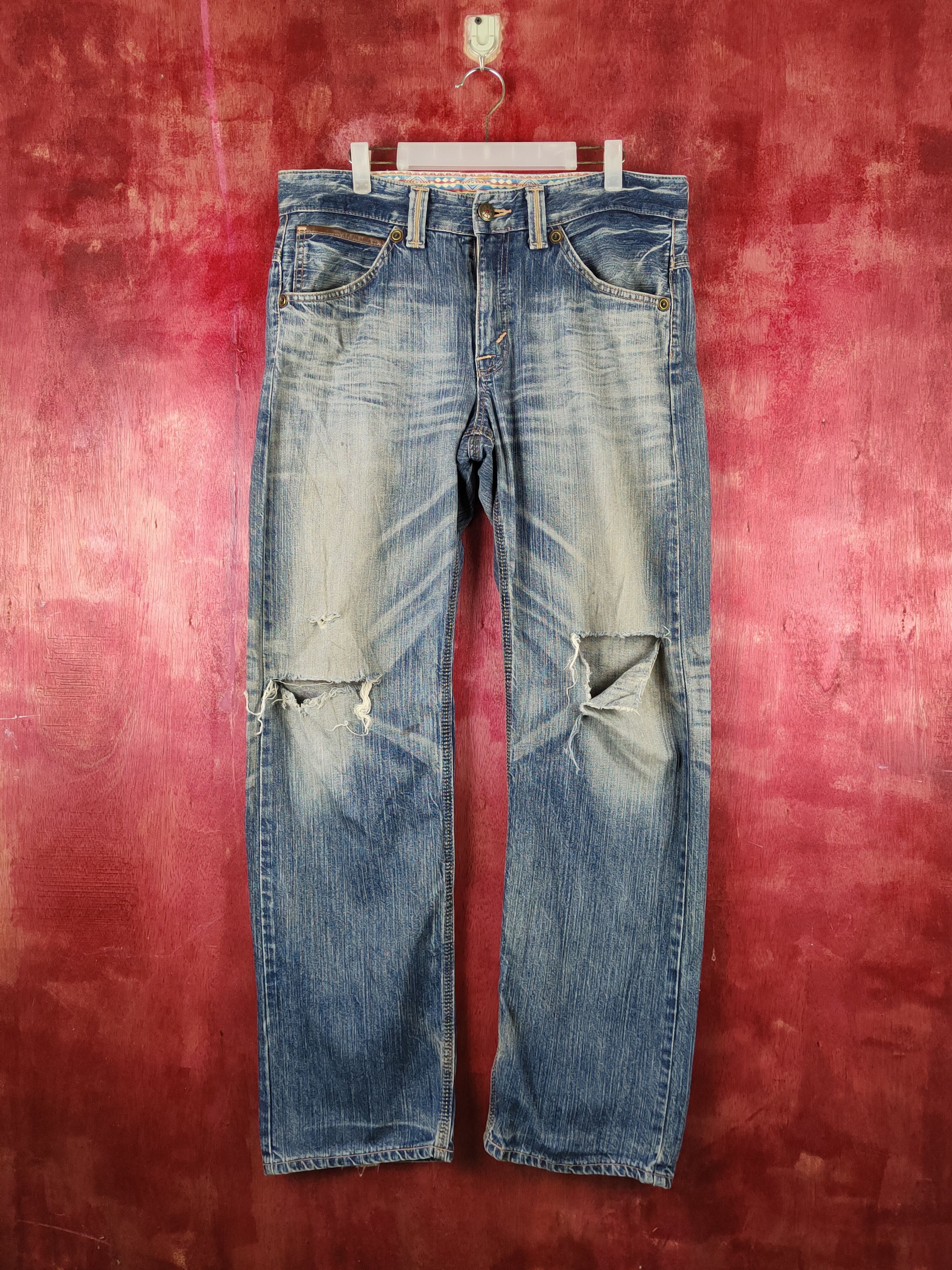 image of Distressed Denim x Edwin Dark Blue Faded Distressed Ripped Jeans S2252 in Dark Blue Denim (Size 34)