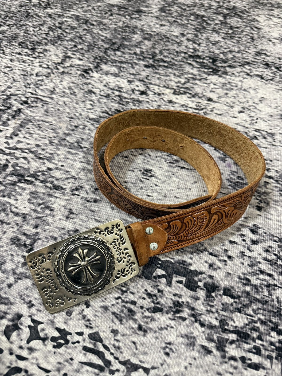 Vintage Vintage Leather Belt Inspired By Chrome Hearts Silver Cross Size 44 - 2 Thumbnail