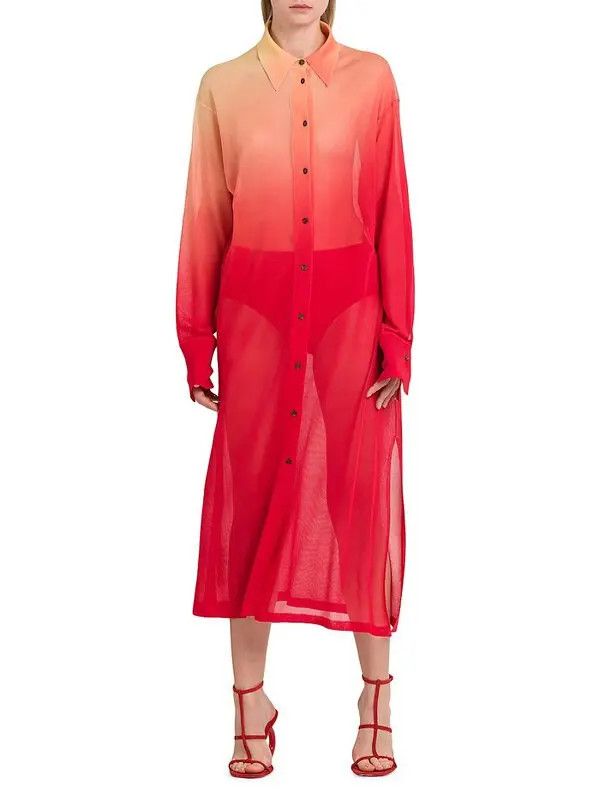 Salvatore Ferragamo o1s1rm0924 Sheer Button Midi Dress in Red/Yellow Size XS / US 0-2 / IT 36-38 - 3 Thumbnail