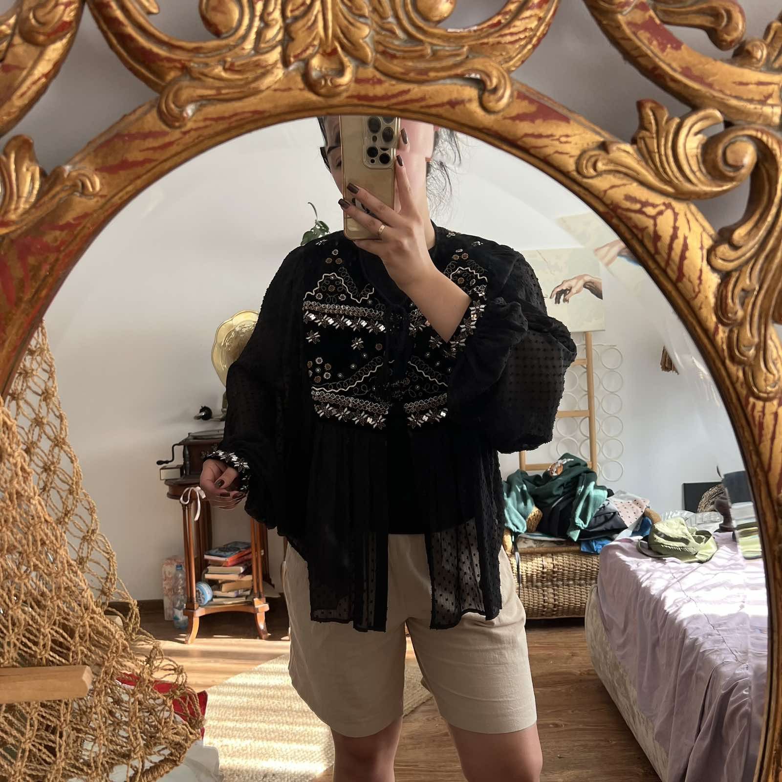 Zara Zara Blouse Black Balloon Embroidered Boho Peasant Bohemian Size XL / US 12-14 / IT 48-50 - 7 Thumbnail