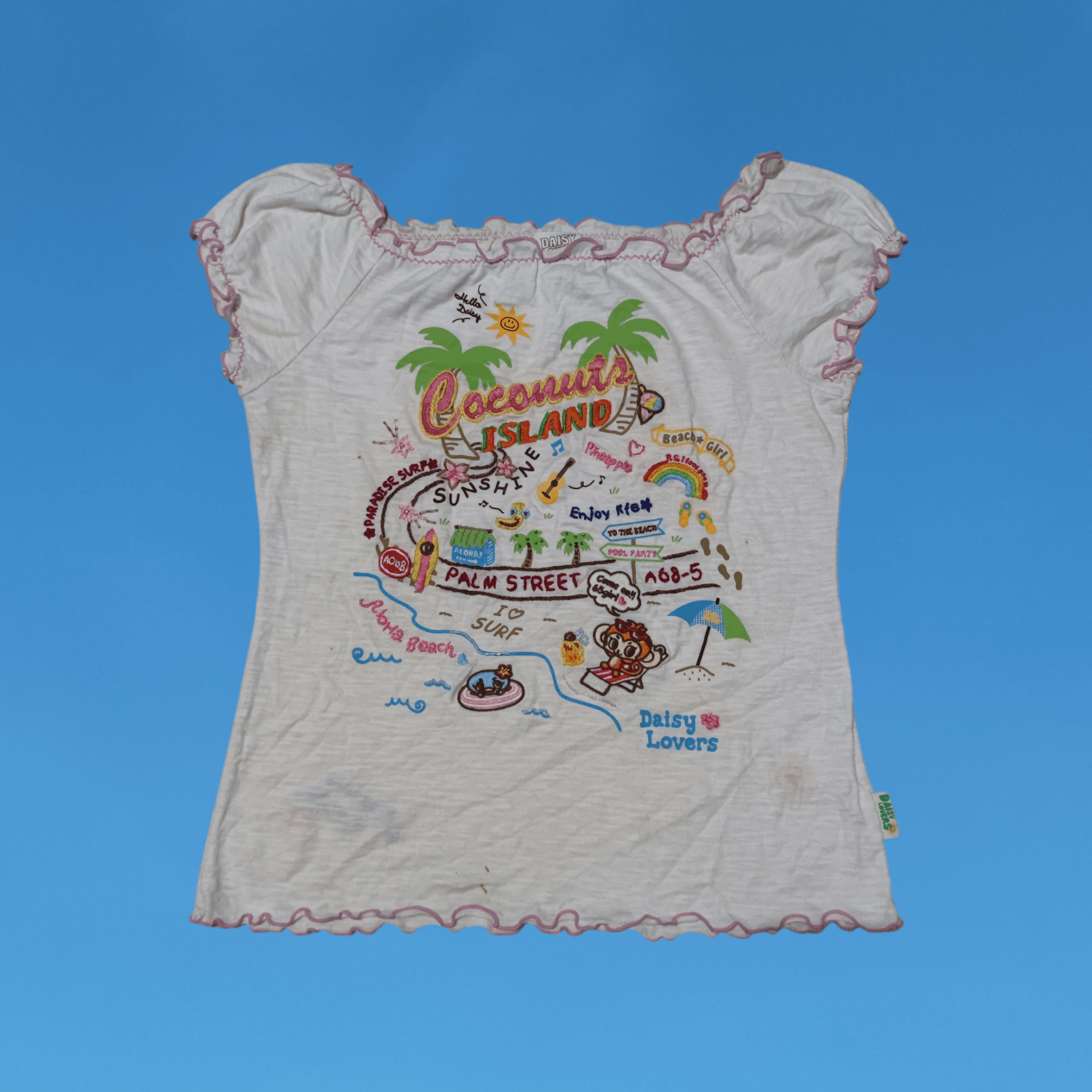 2000s Daisy Lovers Coconuts Island Embroidered T Shirt