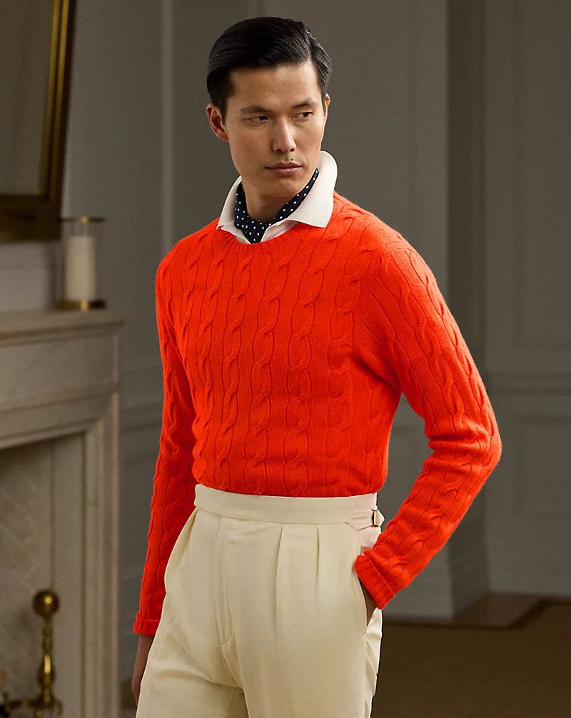 Ralph Lauren Purple Label 1095USD TIMELESS Coral Cable-Knit Cashmere Sweater Size US L / EU 52-54 / 3 - 2 Thumbnail