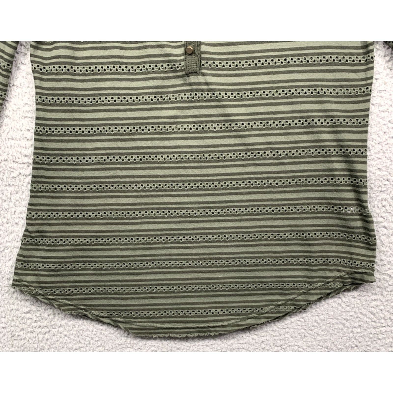 Vintage VINTAGE Union Bay Womens Top M Forest Green 3/4 Sleeve Breathable Rounded Hem Stripes & Lace Holes Cotton Polyester Pullover Button KnITS Womens Size M / US 6-8 / IT 42-44 - 5 Thumbnail
