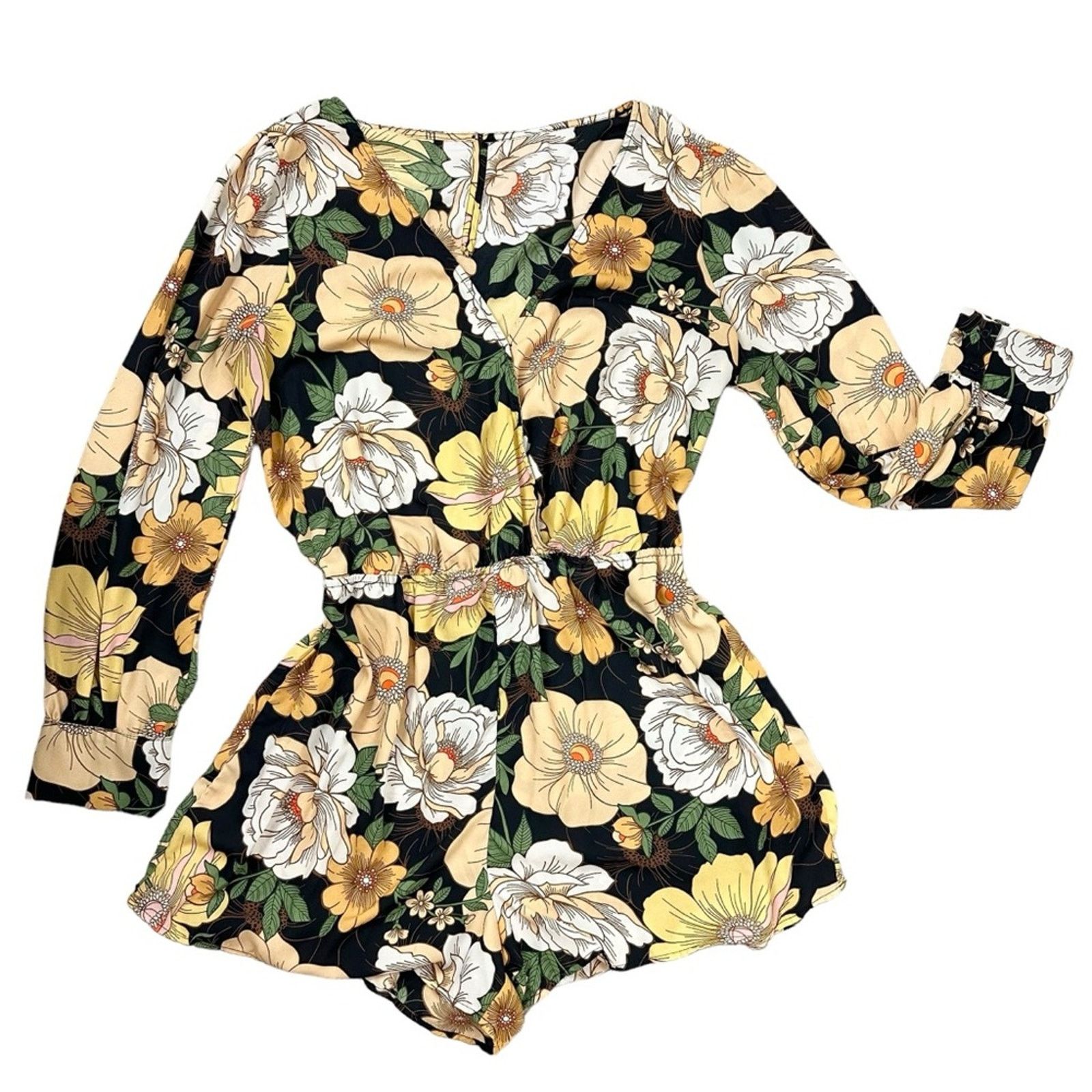 Forever 21 Forever21 Black Yellow Long Sleeve Floral Romper Size 1X Size 38" / US 16 / IT 52 - 2 Thumbnail