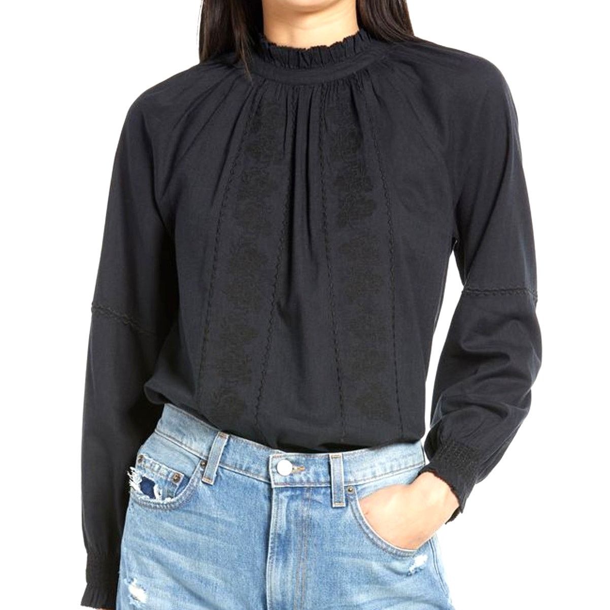 Faherty Faherty Womens Mila Peasant Top XS Ruffle Neck Smocked Cuffs Size XS / US 0-2 / IT 36-38 - 1 Thumbnail