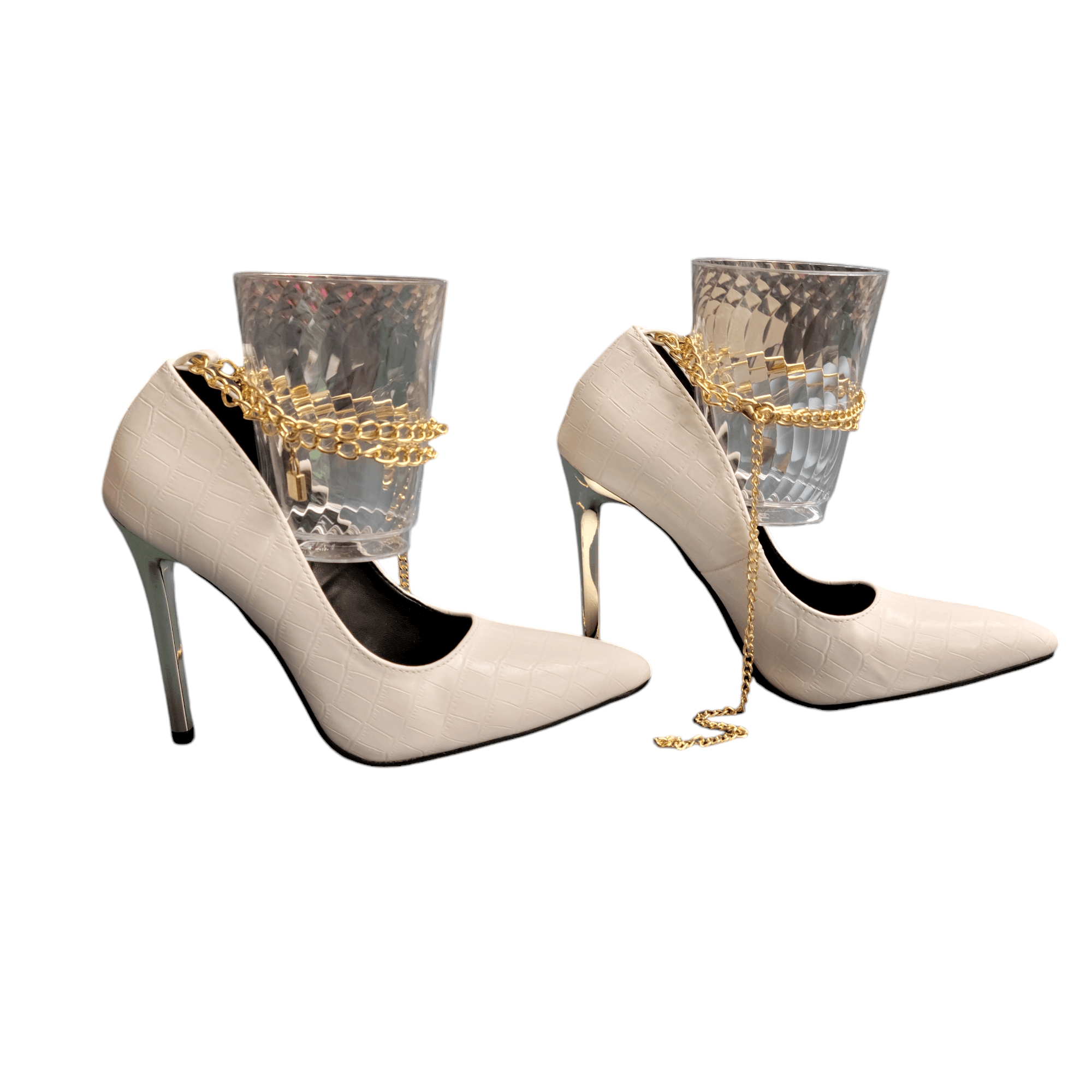 NBDN Nobrandedon White Faux Leather Gold Ankle Chain Metallic High Heel Shoe Size US 7 / IT 37 - 4 Thumbnail