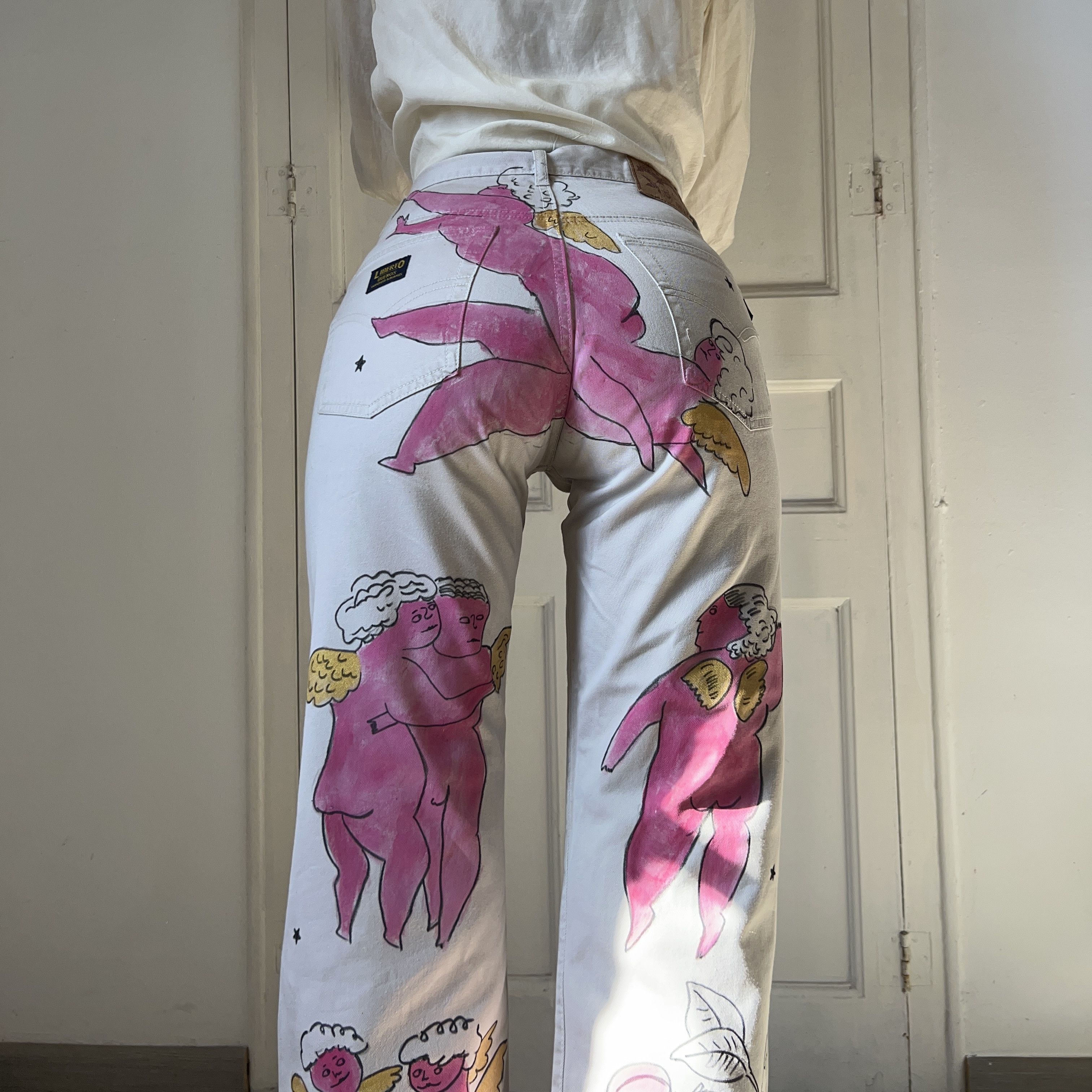 Custommade Hand-Painted Angels Cotton Trousers Size 30" / US 8 / IT 44 - 3 Thumbnail