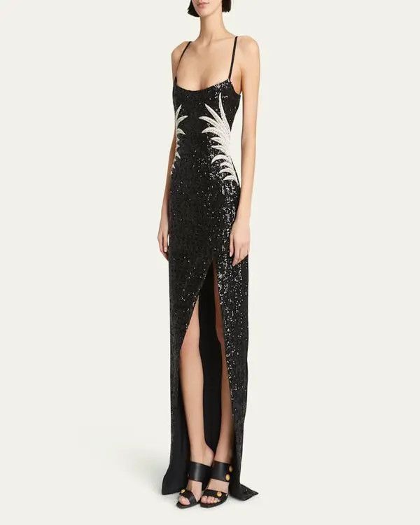 Balmain o1s1wg111025 Sequin Embroidered Palm Tree Gown in Black Size XS / US 0-2 / IT 36-38 - 2 Thumbnail