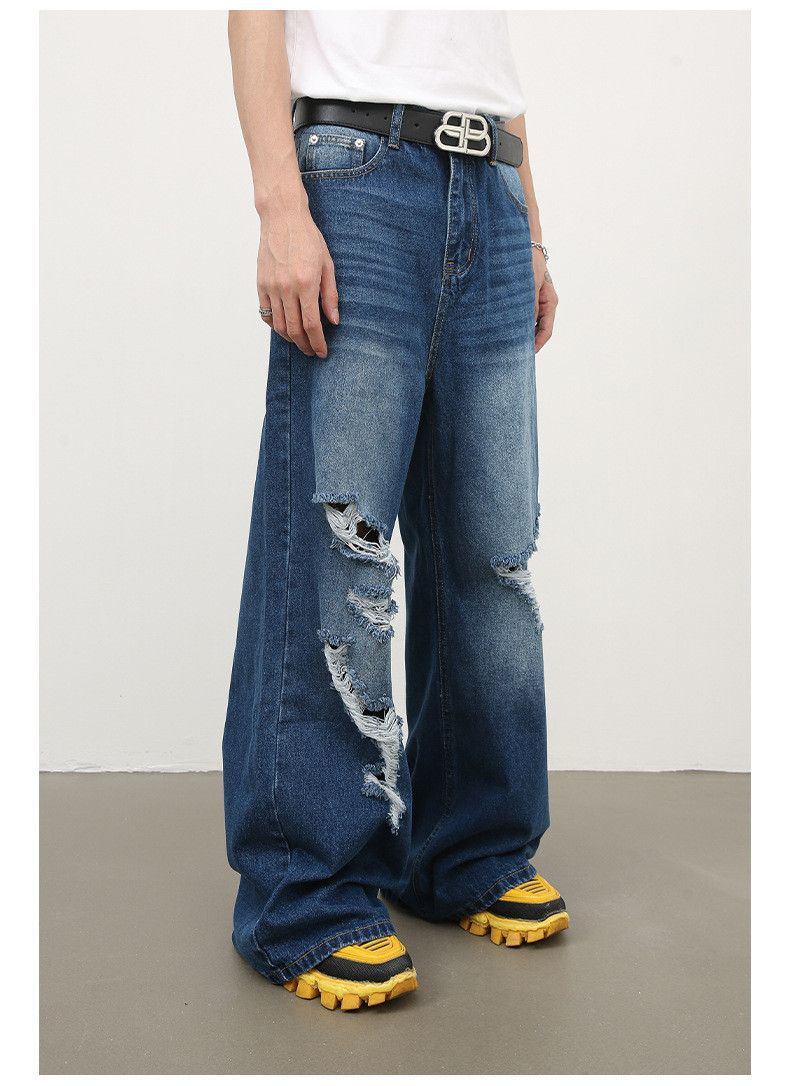 Japanese Brand Retro washed men's loose straight leg ripped jeans Size US 32 / EU 48 - 3 Thumbnail