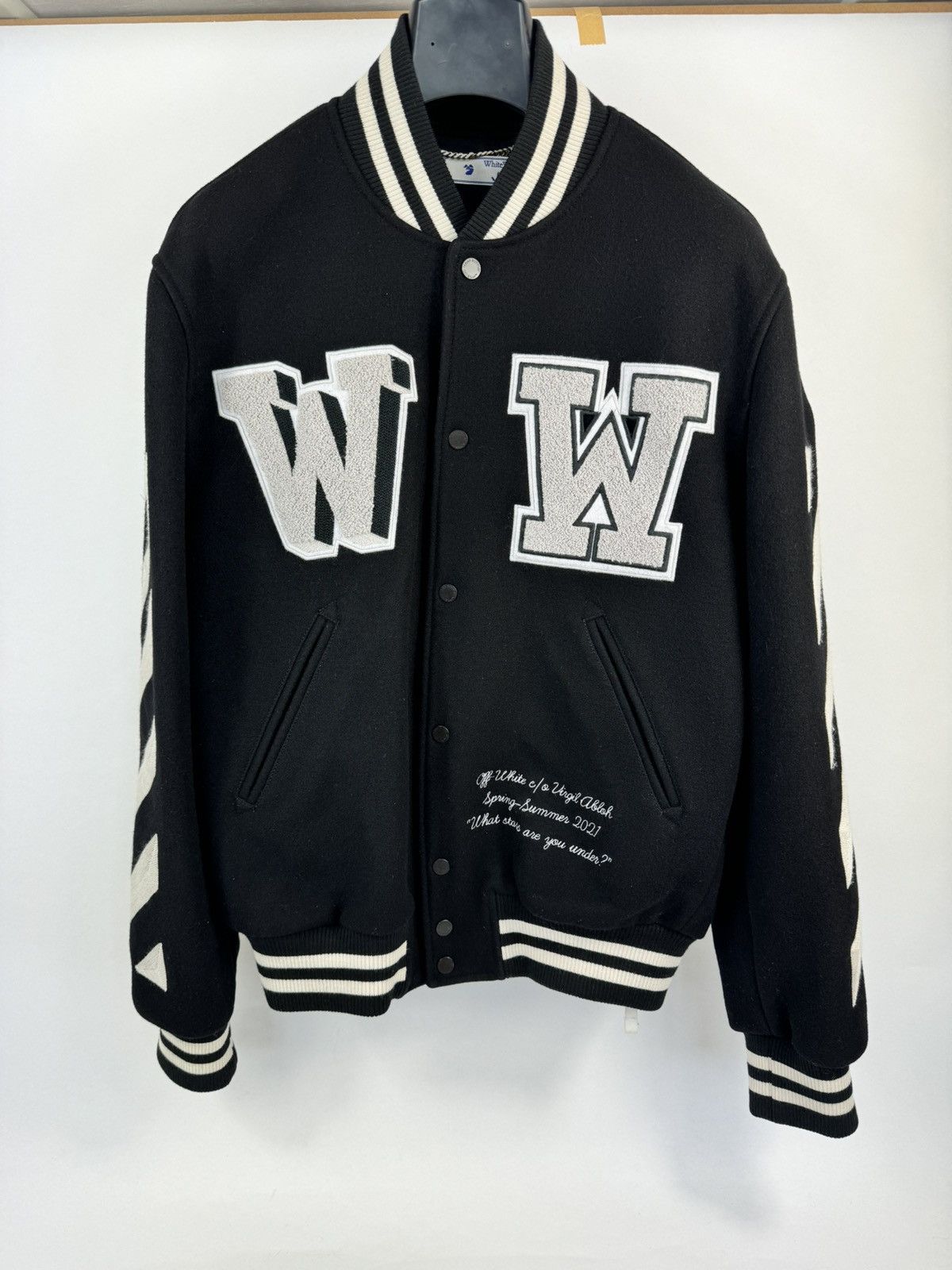 image of Off White x Virgil Abloh Off-White X Virgil Abloh Varsity Bomber Jacket in Black (Size Medium)